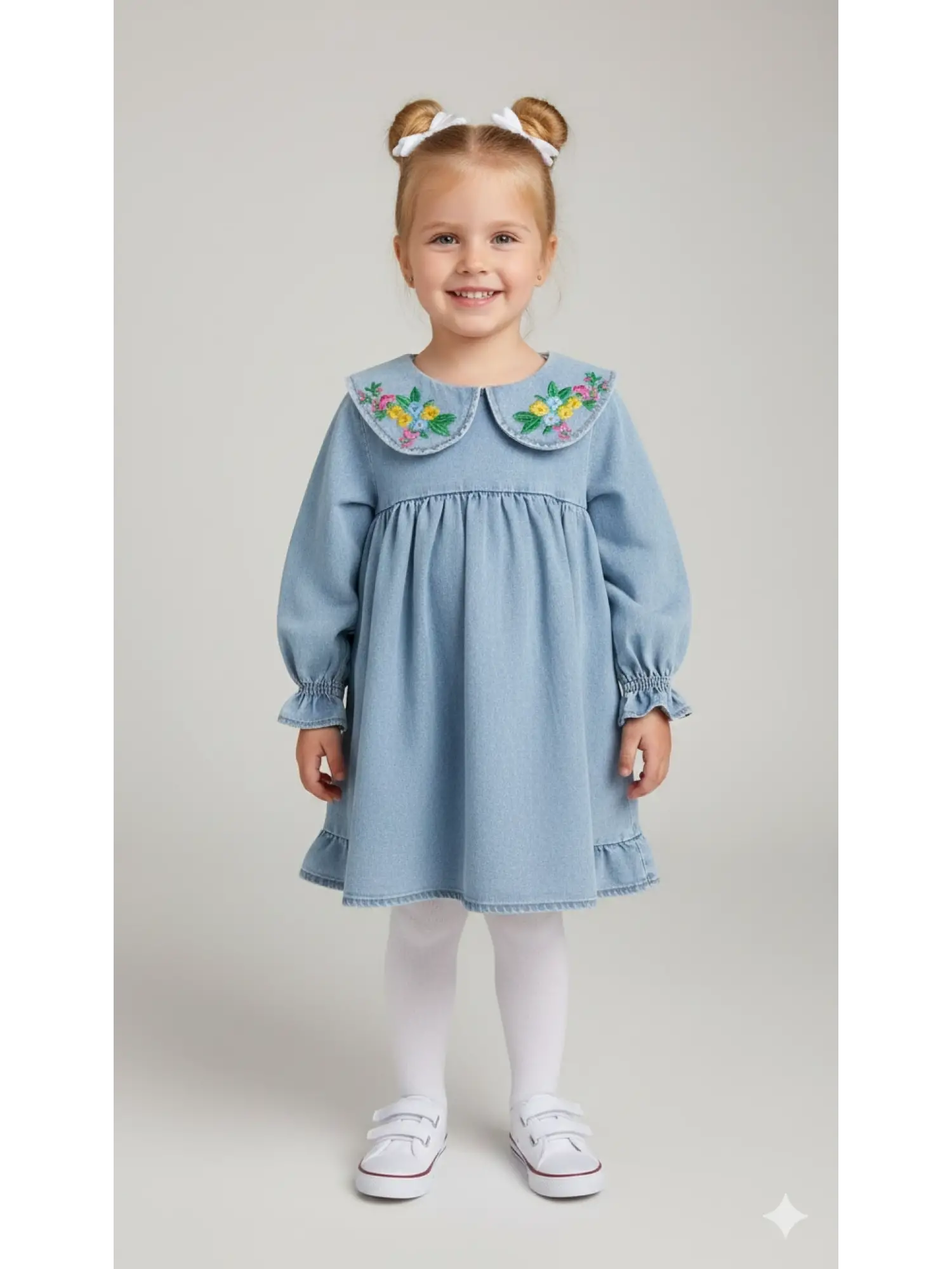 2-7 Yaş Yaka Çiçek Nakışlı Kot Elbise