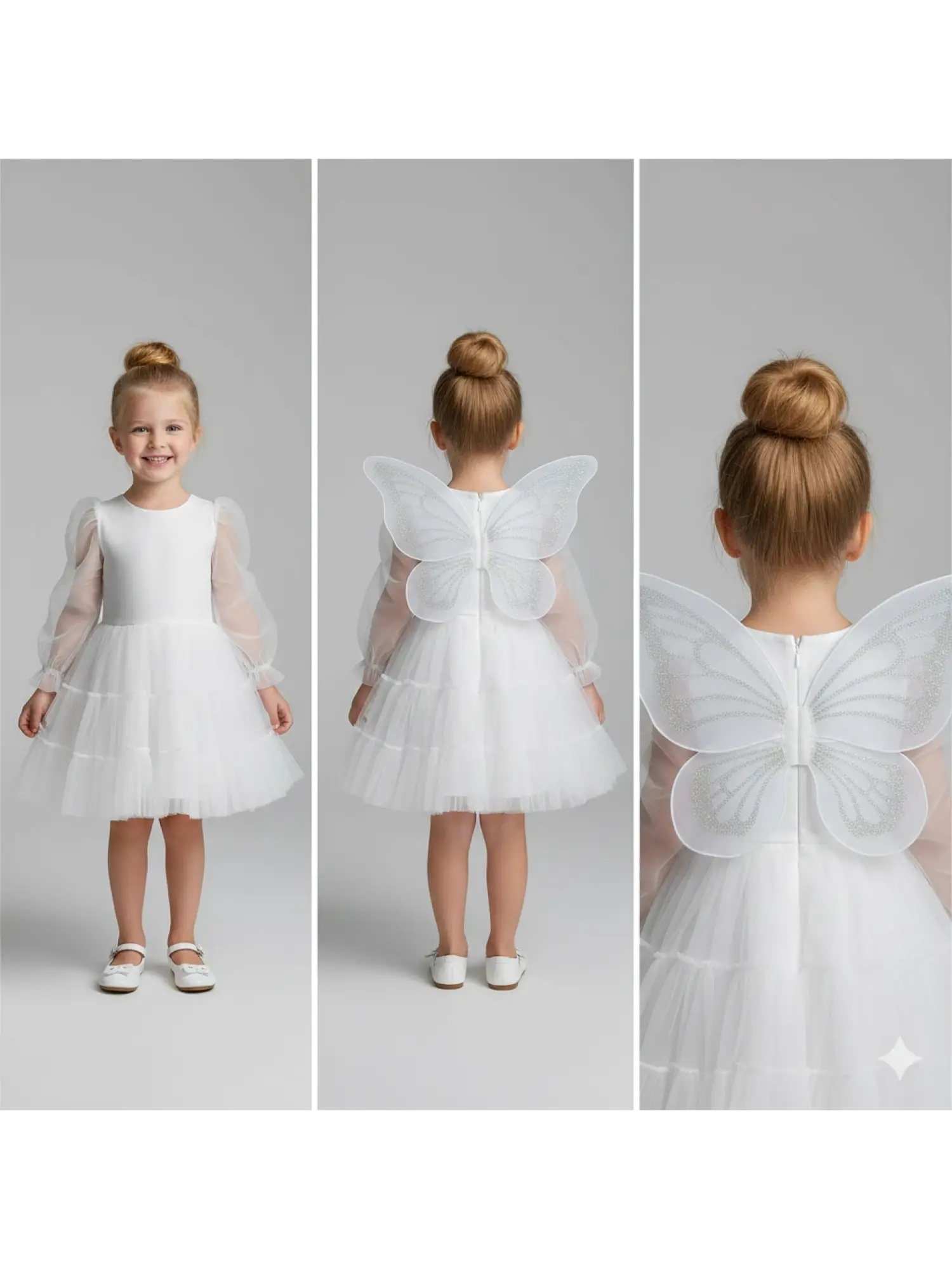 2-5 Yaş Beyaz Tüllü Sırt Kelebek Desenli Elbise