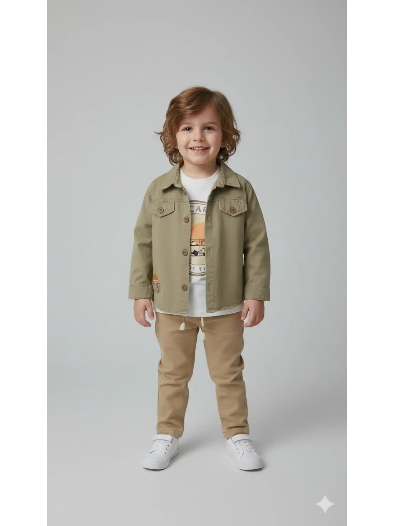 2-6 Yaş Araba Baskılı Haki Ceketli 3lü Takım