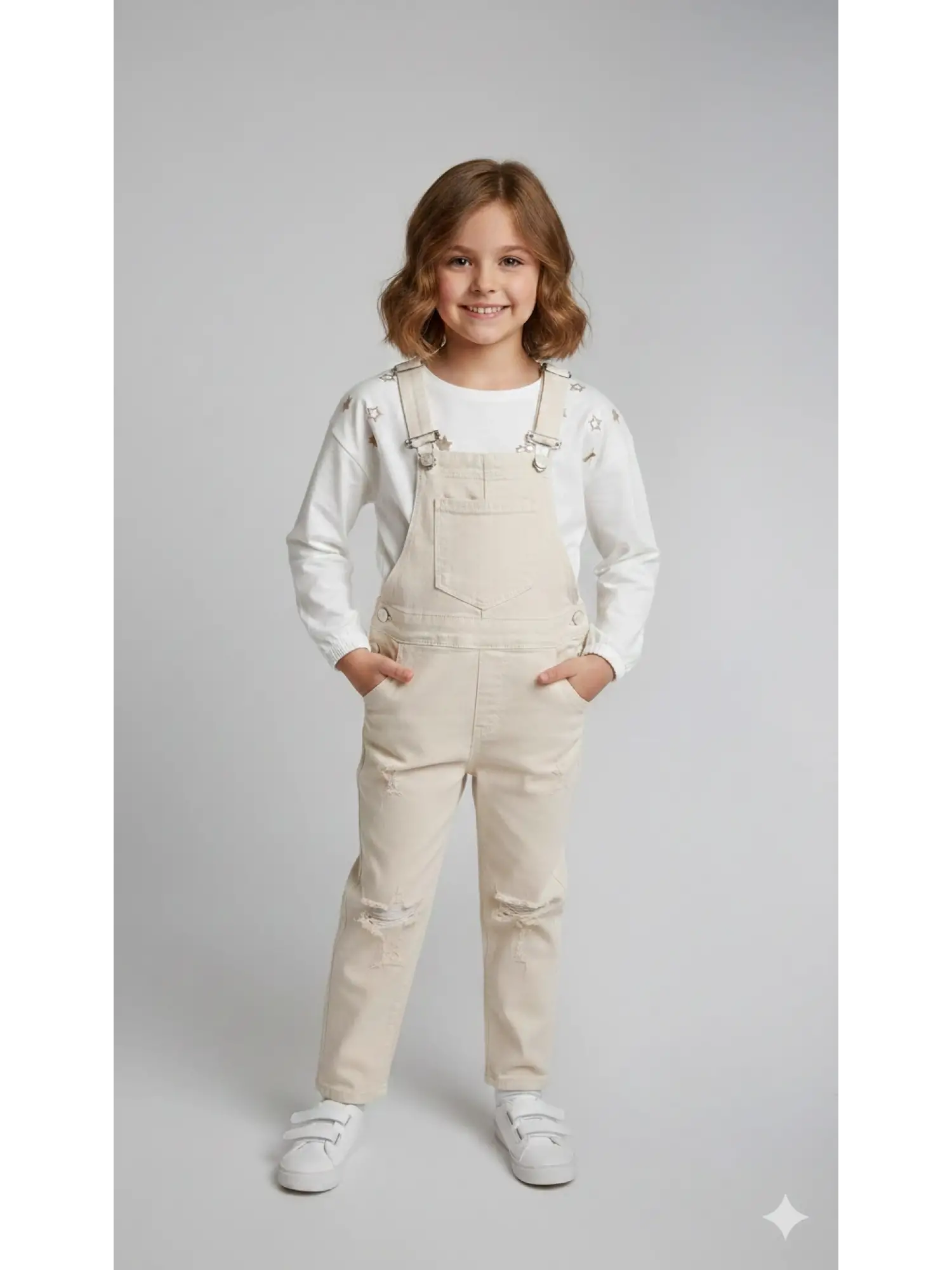 6-9 Yaş Krem Yıldızlı Badili Kot Tulum