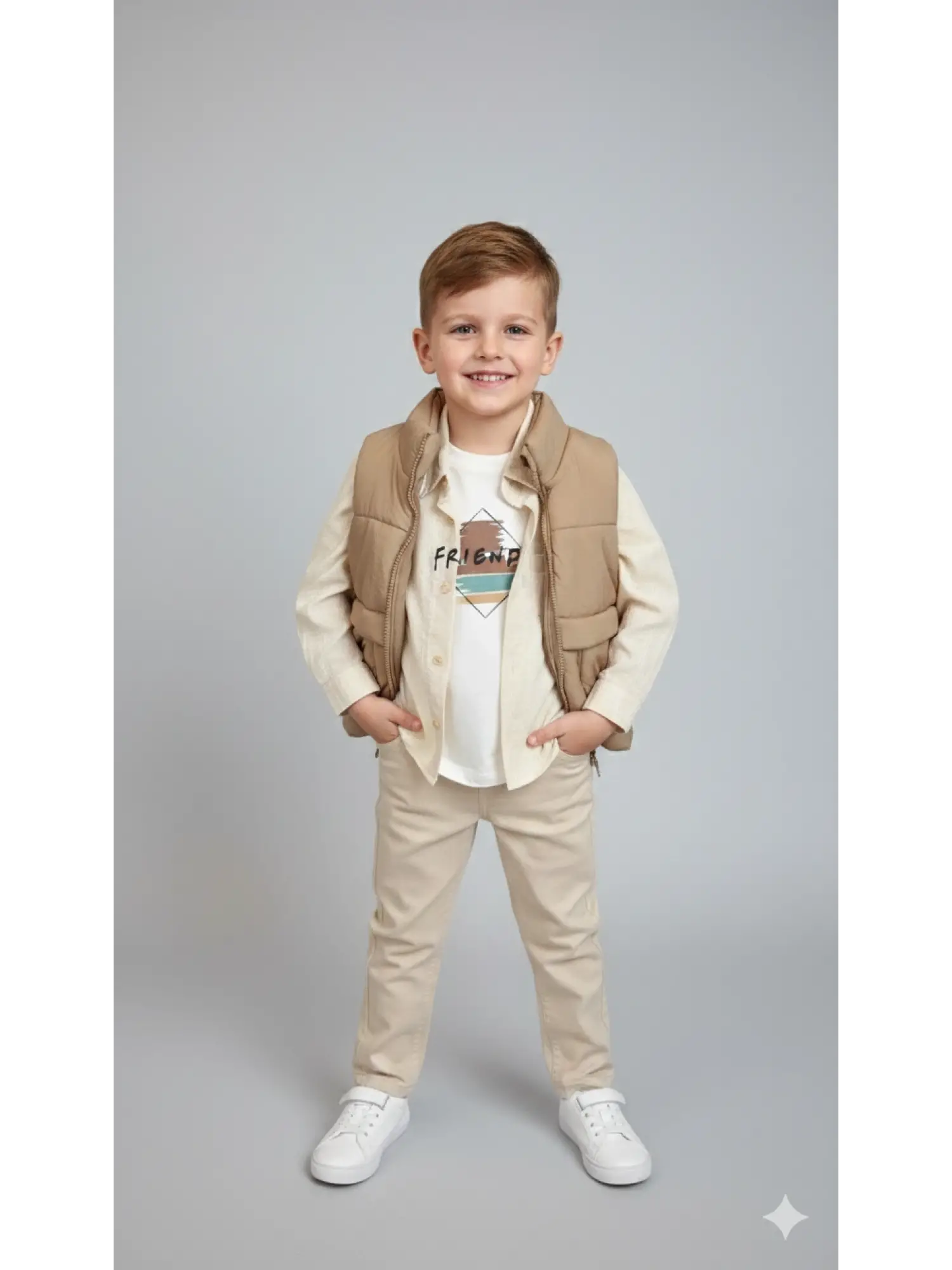 2-6 Yaş Bej Şişme Yelekli Gömlekli Takım