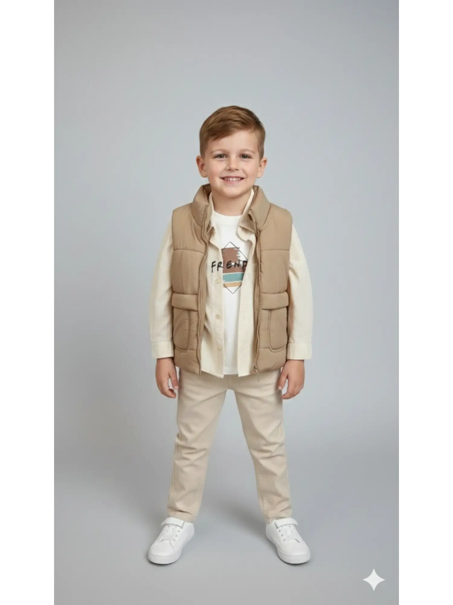 2-6 Yaş Bej Şişme Yelekli Gömlekli Takım