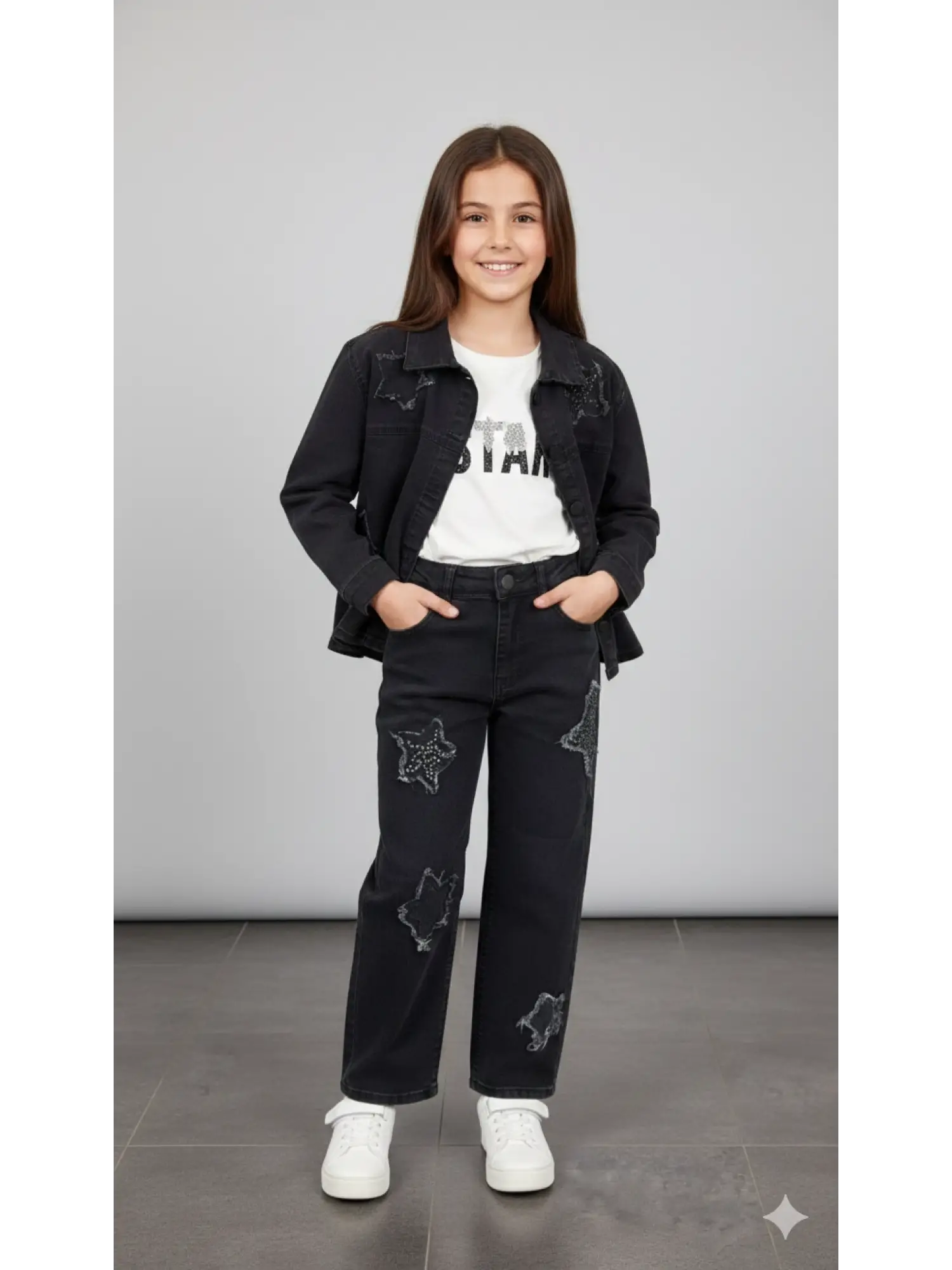 10-13 Yaş Siyah Yıldızlı Kot 3lü Takım