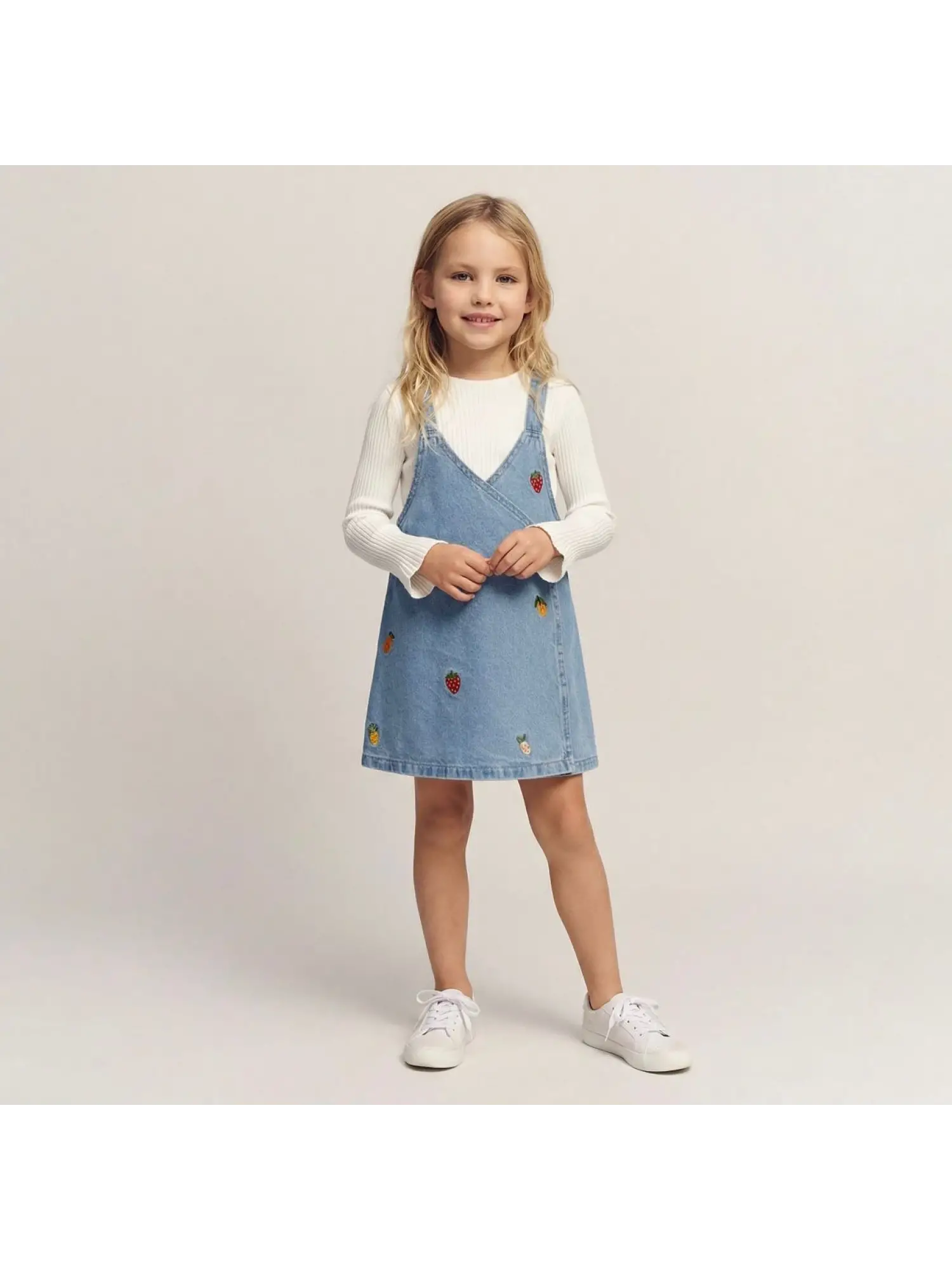 2-7 Yaş Meyve Baskılı Kot Salopet Elbise