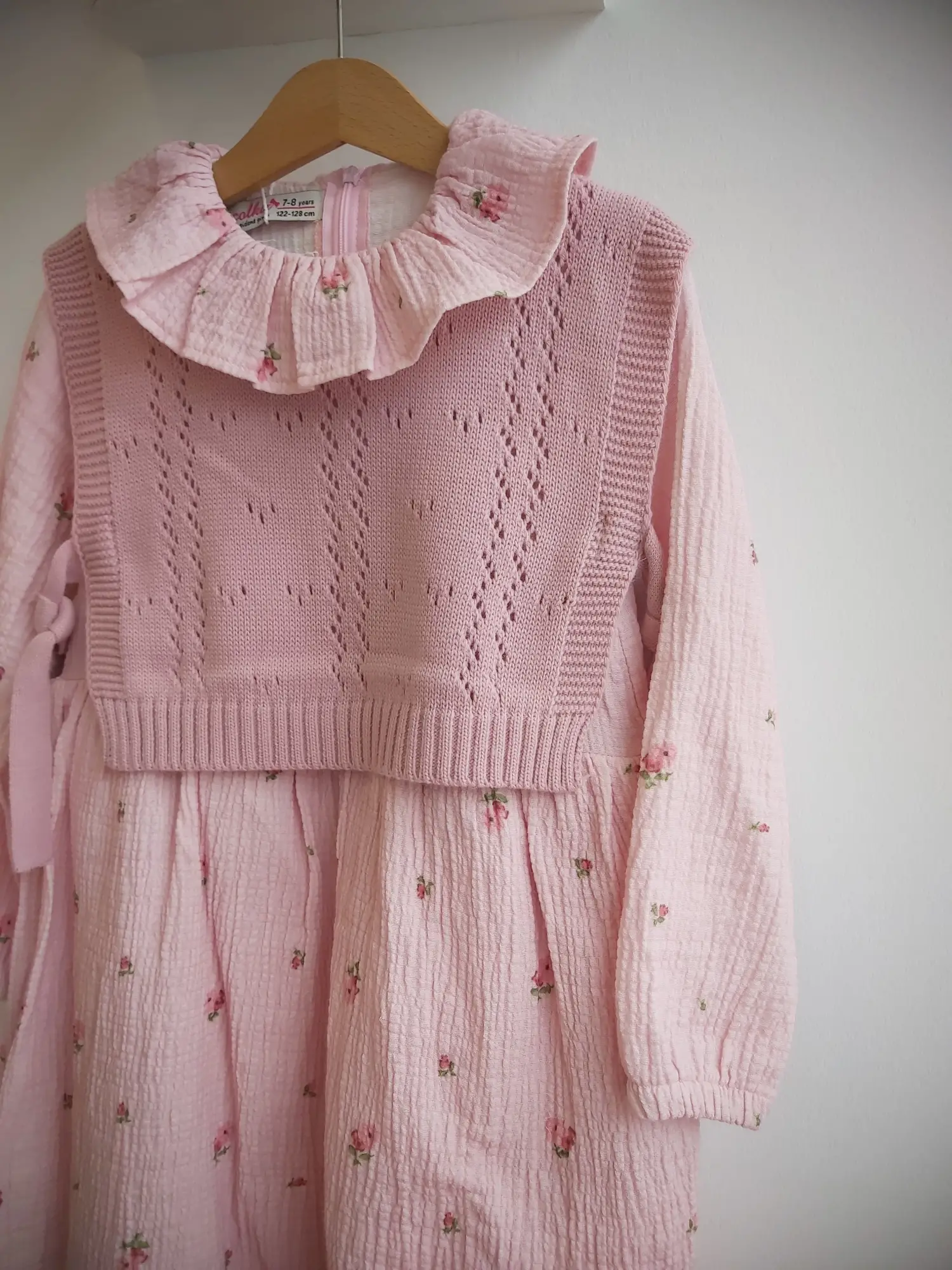 7-10 Yaş Pembe Fırfırlı Triko Süveterli Elbise