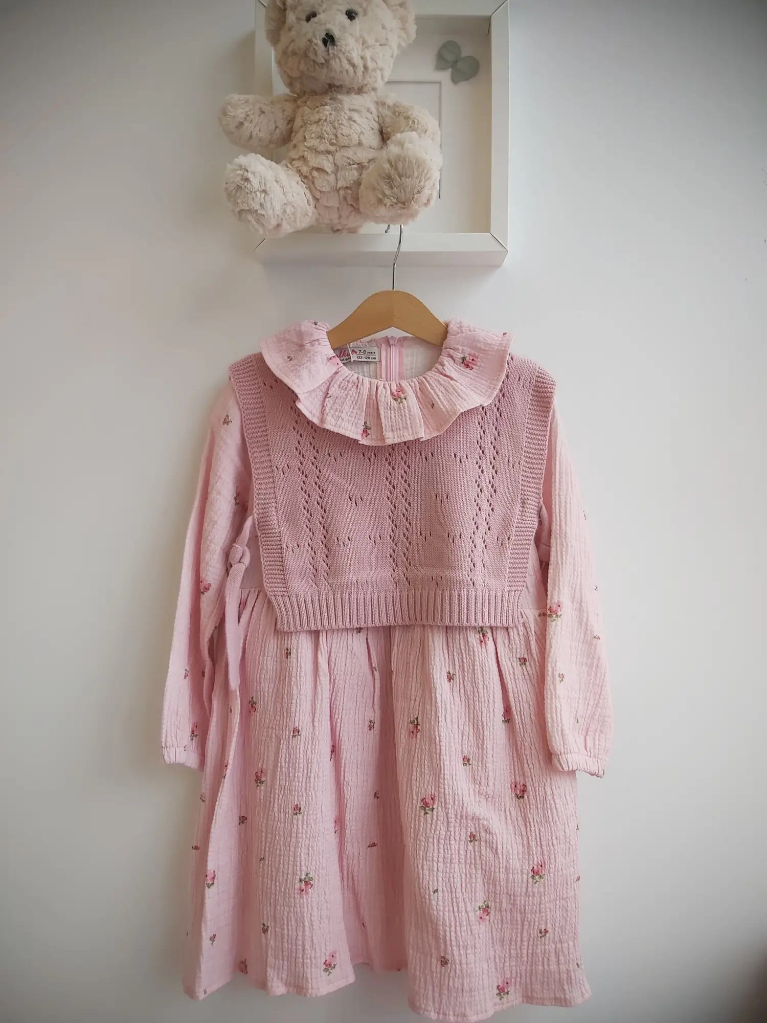 7-10 Yaş Pembe Fırfırlı Triko Süveterli Elbise