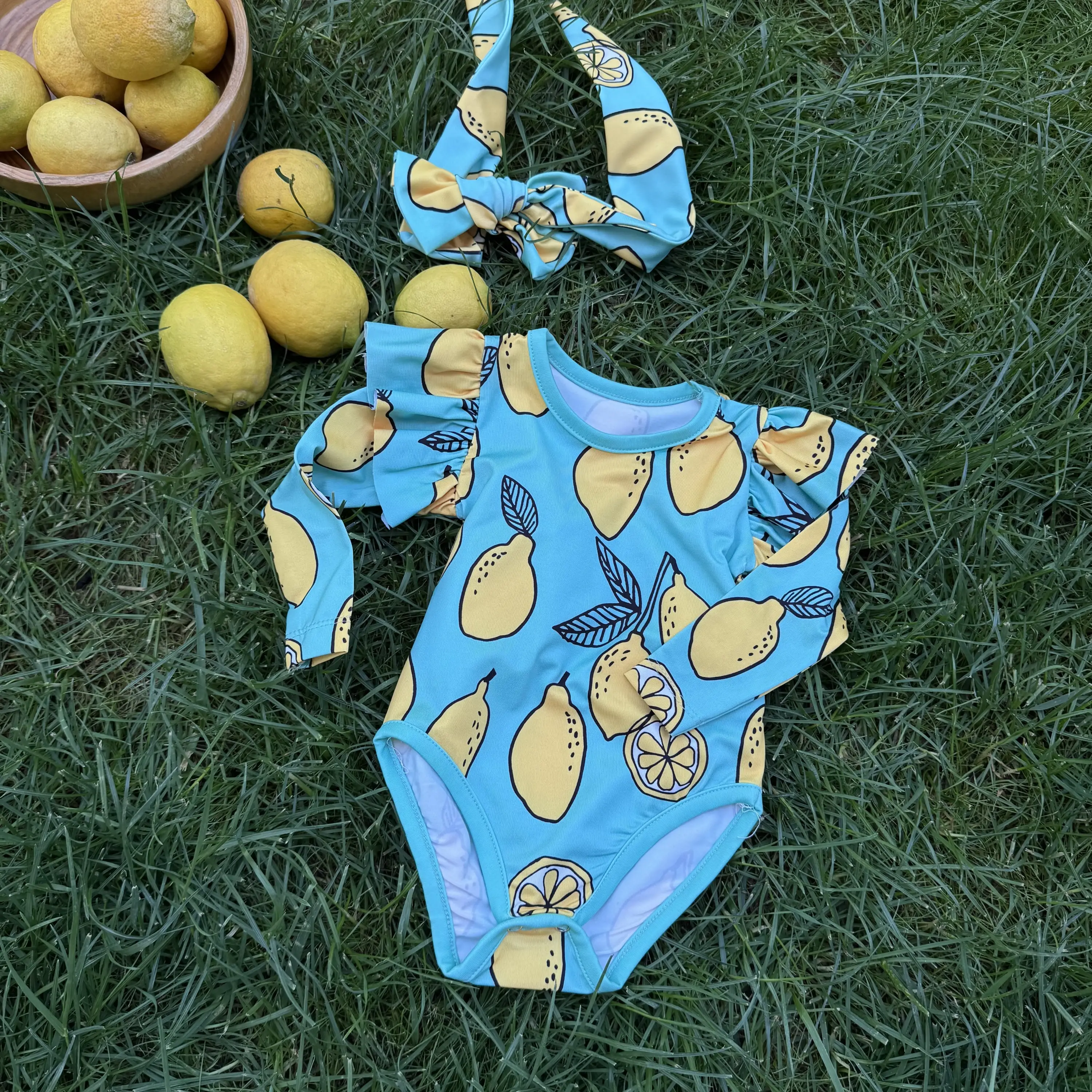 0-24 Ay Limon Baskılı Uzun Kollu Mayo