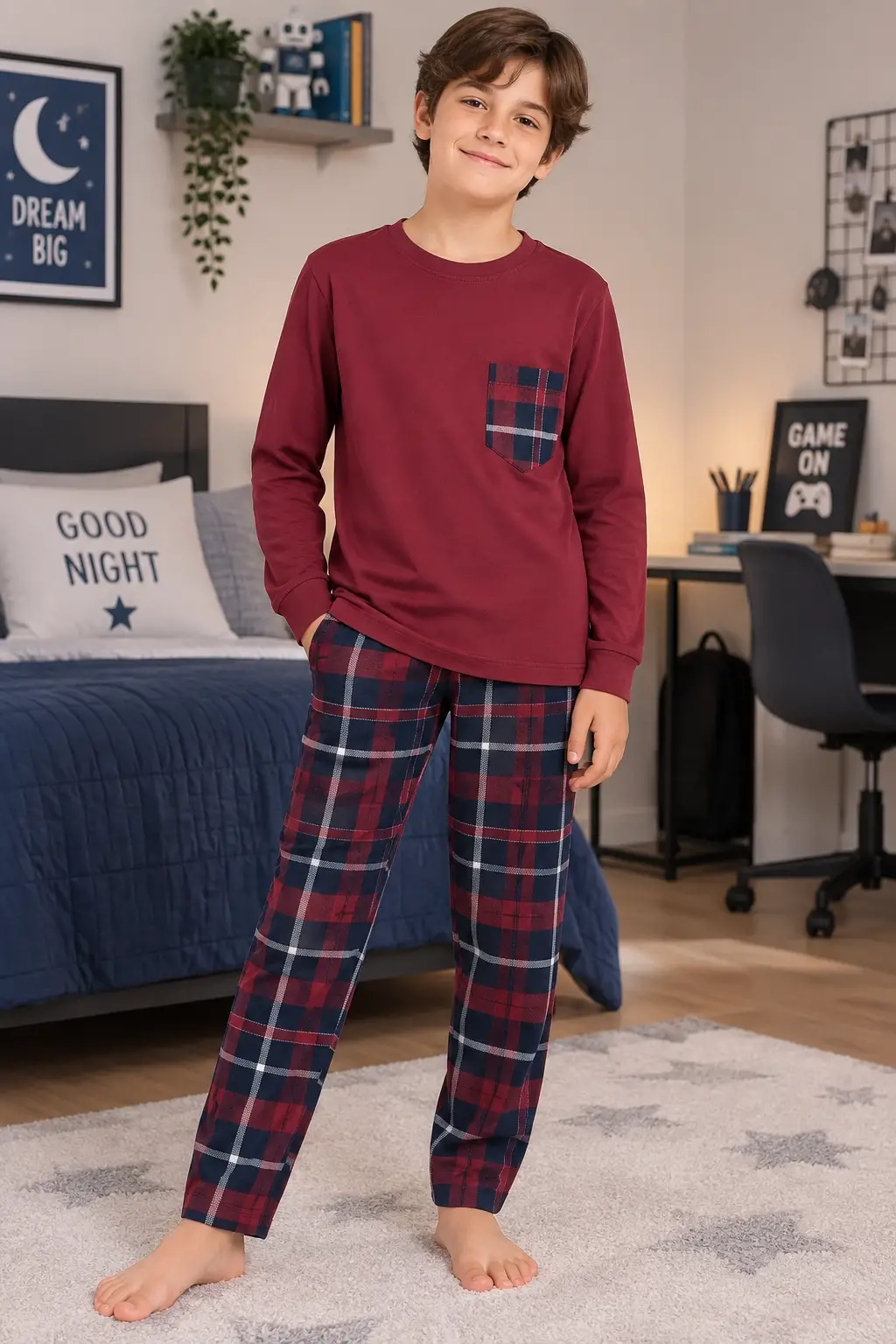 10-15 Yaş Cepli Kareli Pijama Takımı