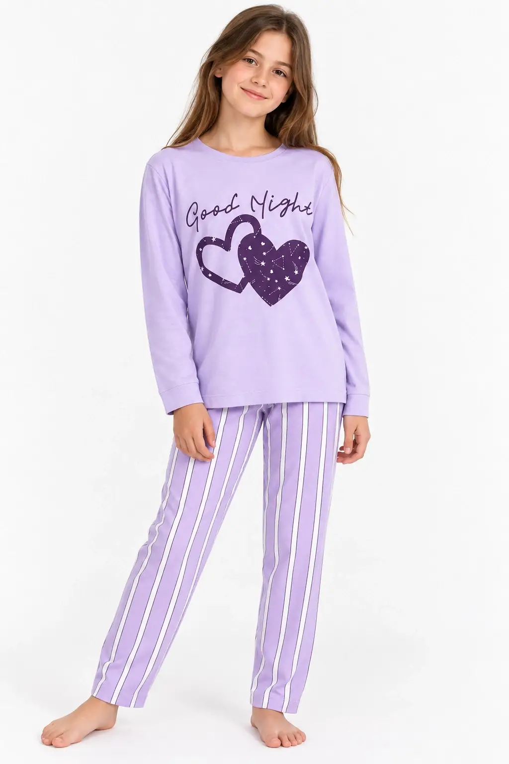 10-15 Yaş Lila Kalpli Pijama Takımı