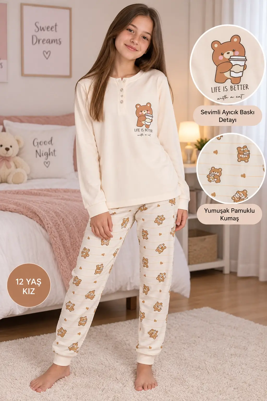 11-16 Yaş Kız Ayıcık Baskılı Pijama Takımı