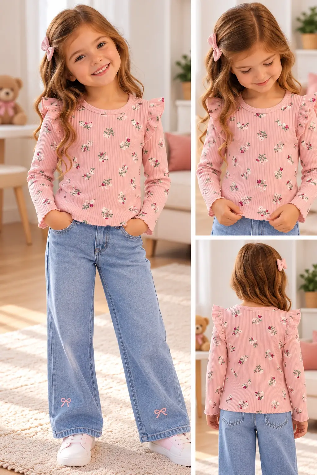 2-6 Yaş Pembe Çiçekli Fırfırlı Sweat