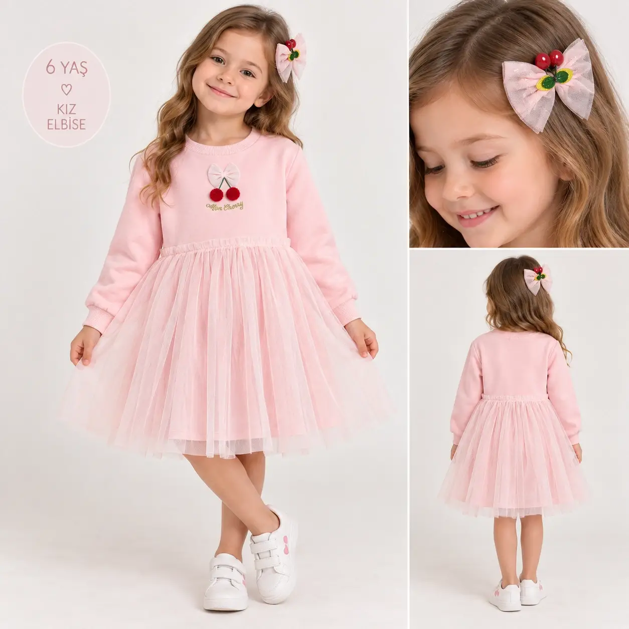 4-7 Yaş Pembe Kirazlı Tokalı Elbise