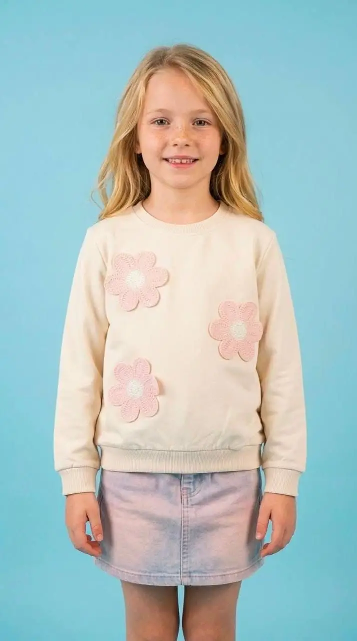 4-8 Yaş Pembe Çiçek Nakışlı Sweat