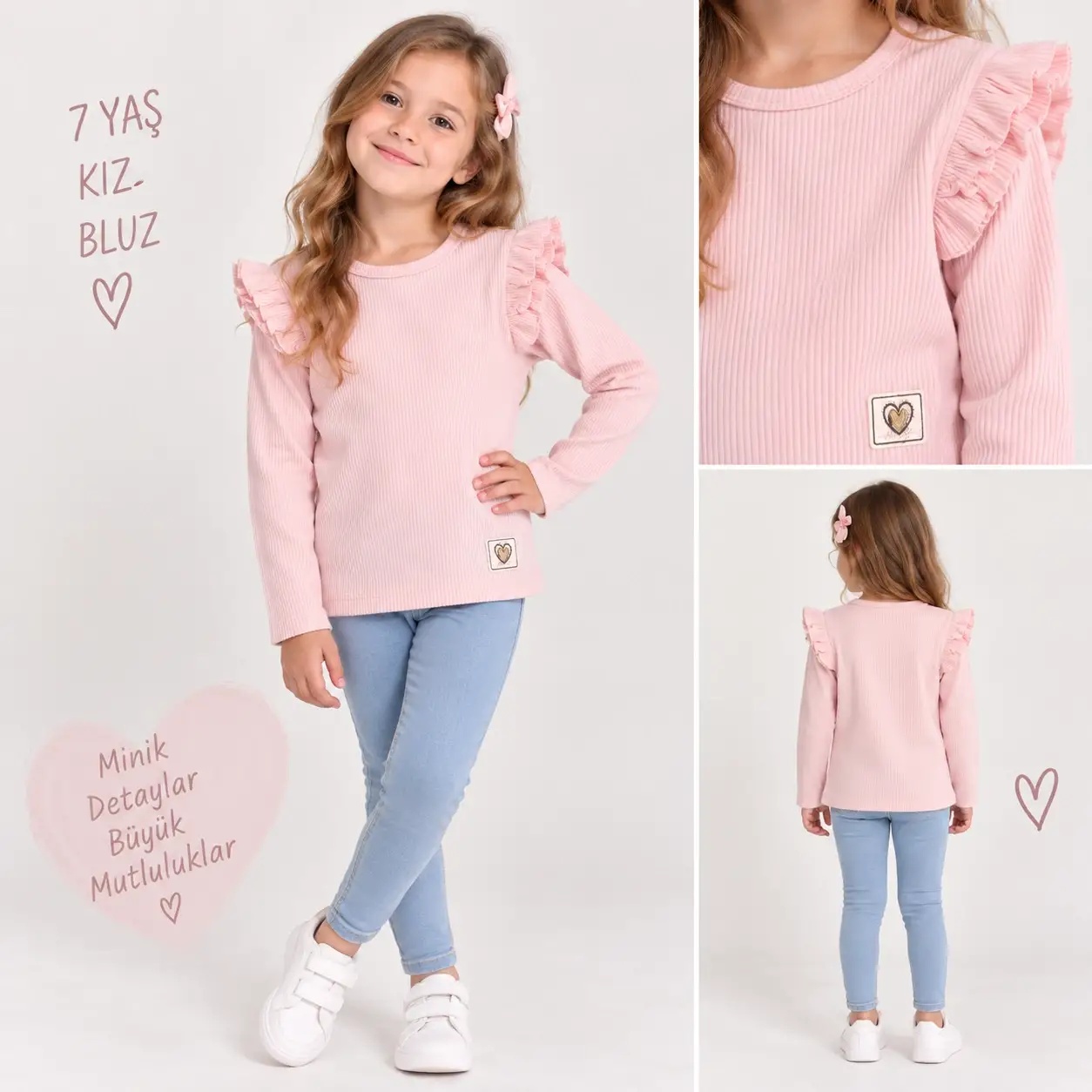5-10 Yaş Omuz Fırfırlı Pembe Bluz