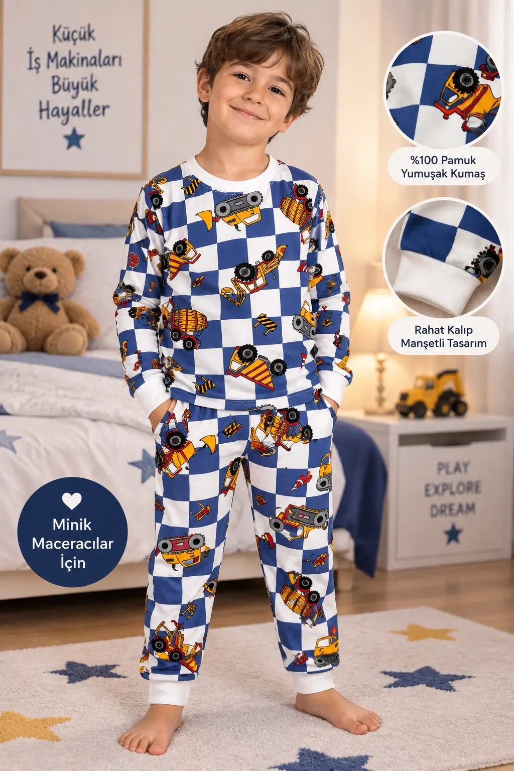 5-9 Yaş Kareli Araçlı Pijama Takımı