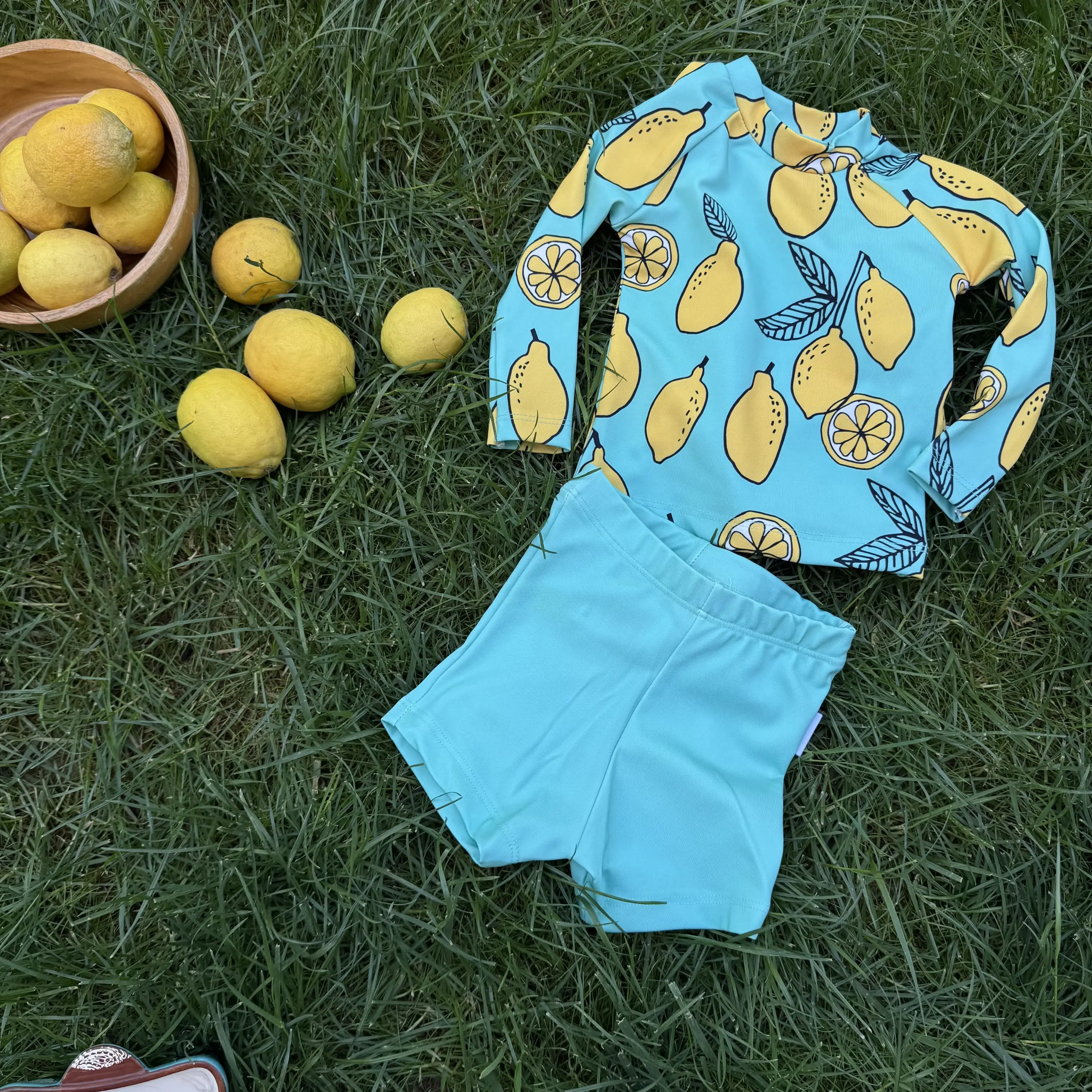 6 Ay 4 Yaş Limon Baskılı Şortlu Uzun Kollu Mayo Takım