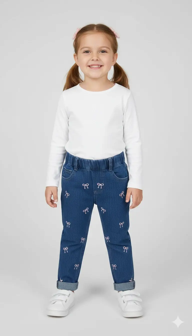1-4 Yaş Kurdele İşlemeli Kot Pantolon