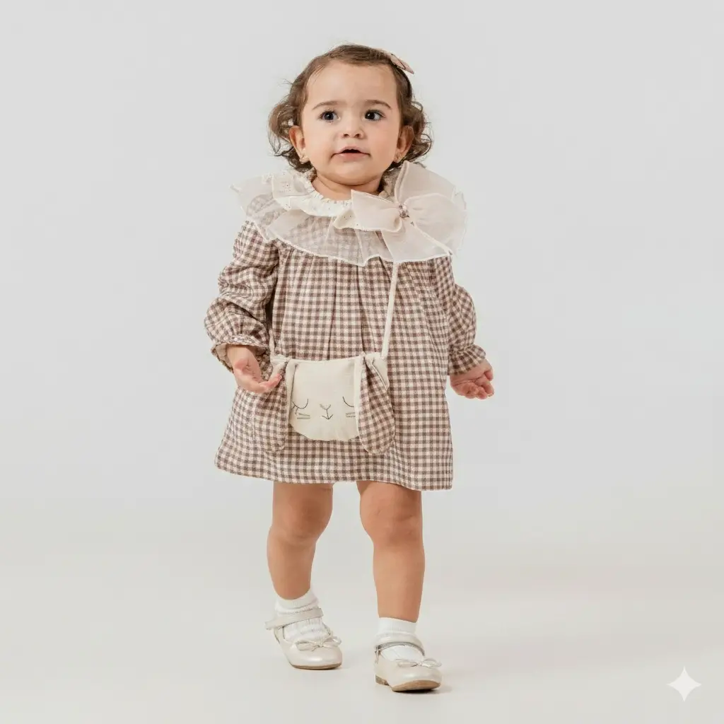 6-24 Ay Tavşan Çantalı Pembe Kareli Elbise