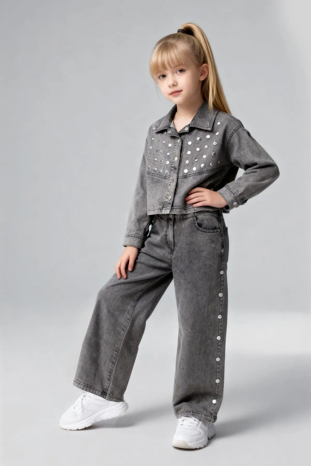 7-11 Yaş Kot Füme Zımbalı Ceket Pantolon Takım