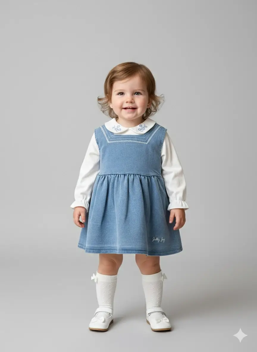 6-18 Ay Mavi Çiçek İşlemeli Gömlekli Salopet Elbise