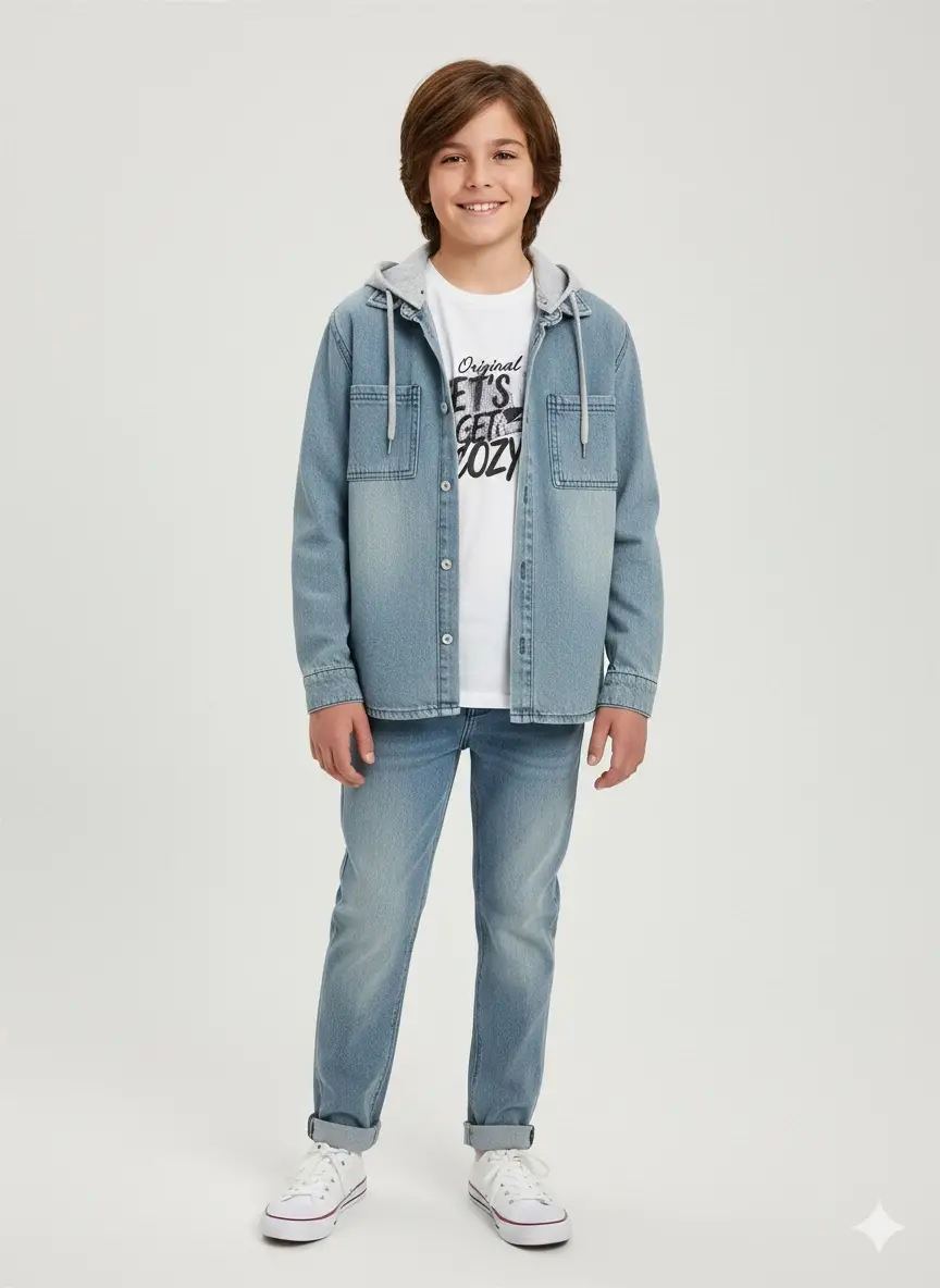 10-13 Yaş Kapşonlu Kot Ceketli 3lü Takım