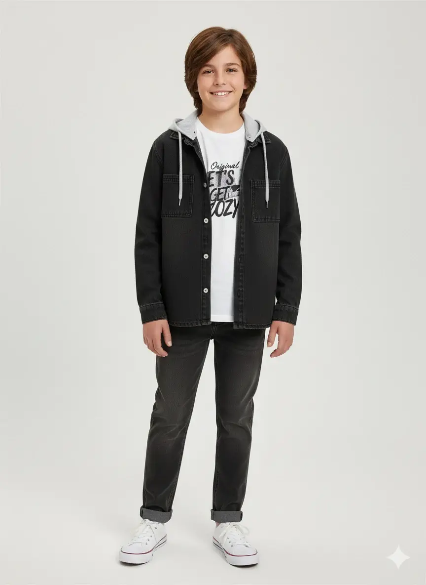 10-13 Yaş Kapşonlu Siyah Kot Ceketli 3lü Takım