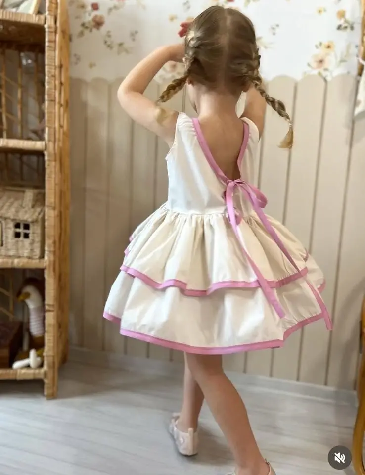 3-8 Yaş Krem Pembe Katlı Elbise