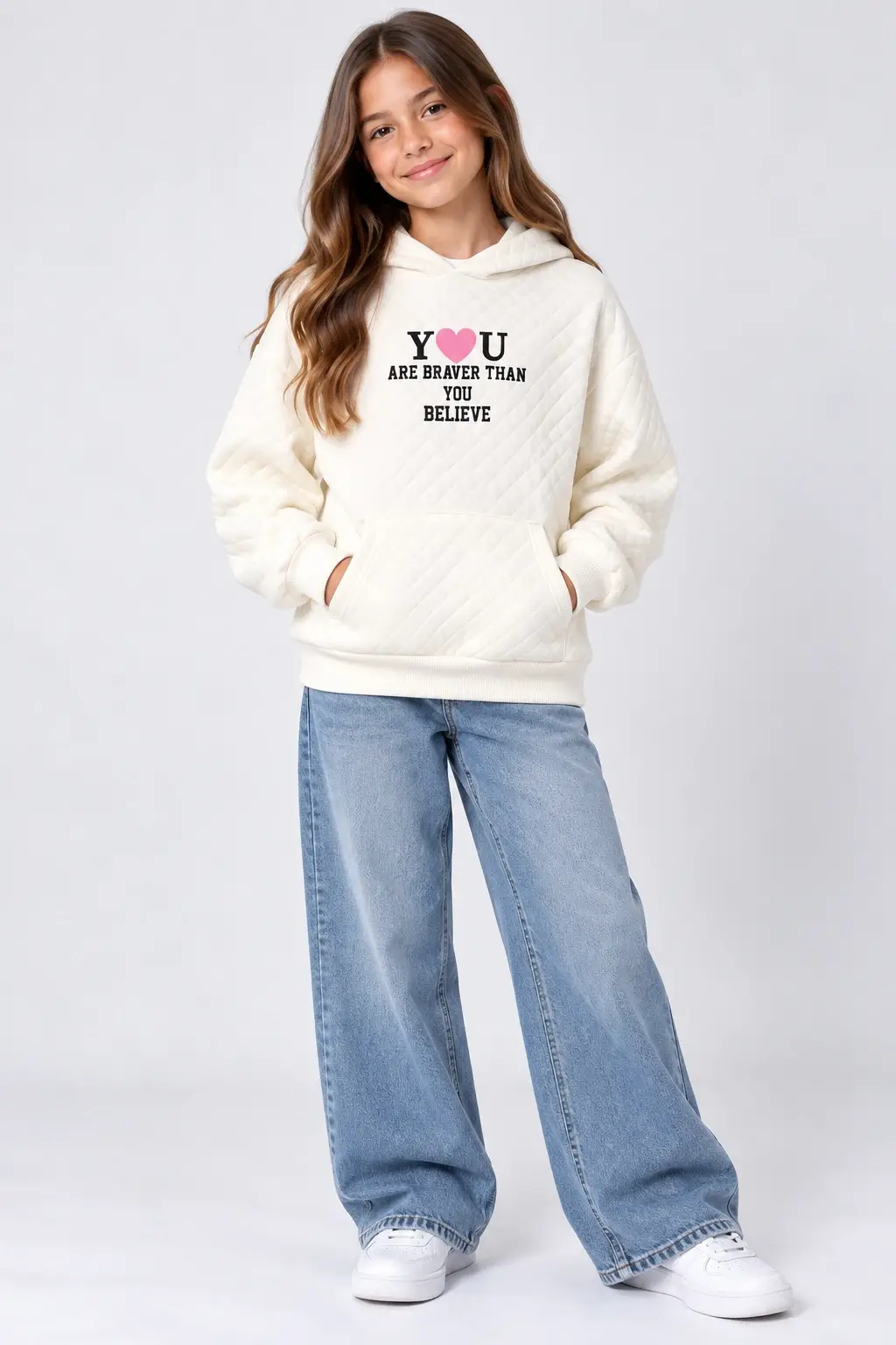 8-14 Yaş Beyaz Kapşonlu Yazılı Sweat