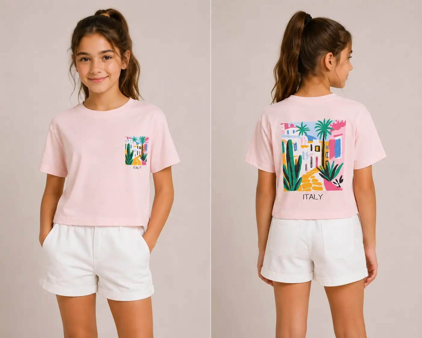 9-14 Yaş Pembe Italy Baskılı Tişört