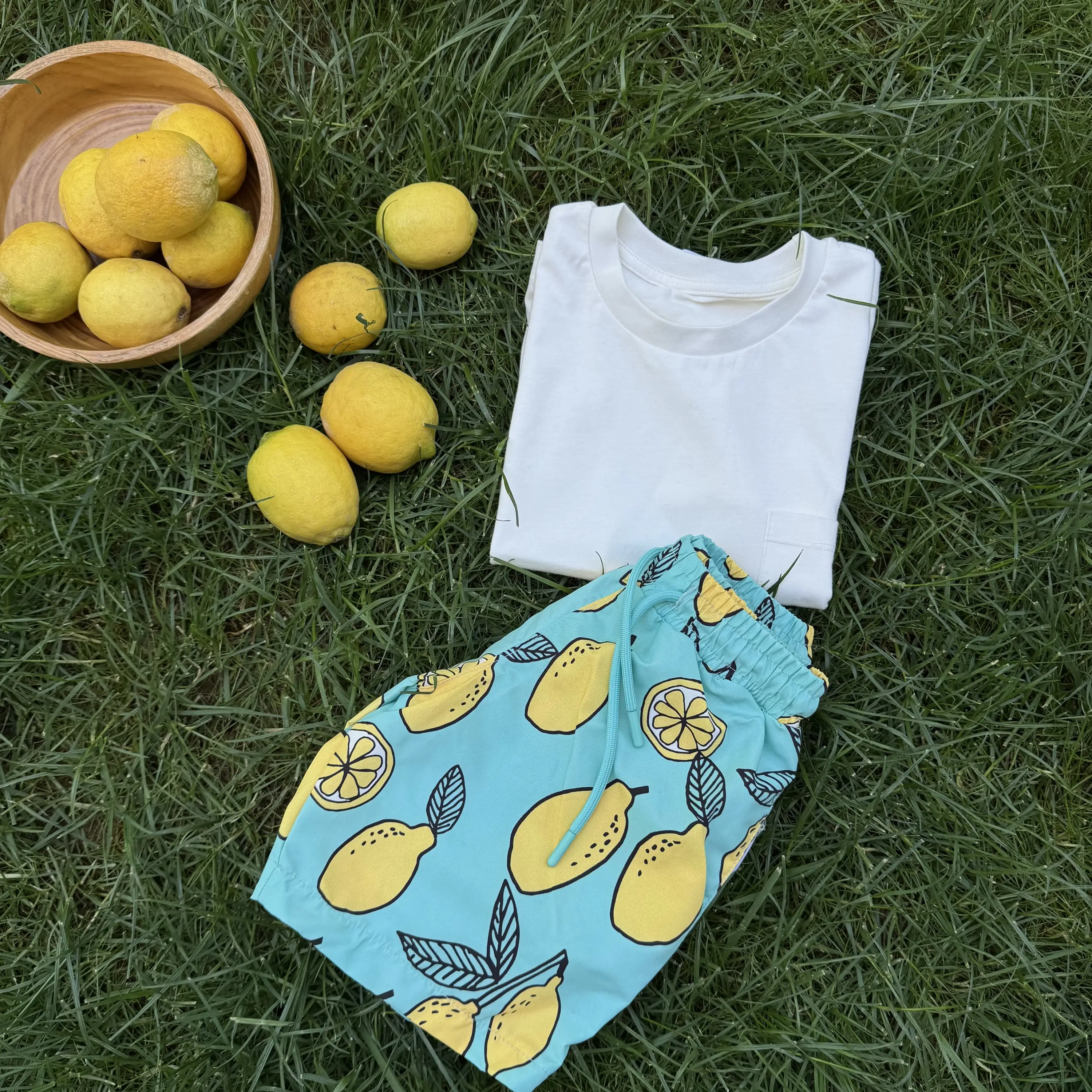 9-15 Yaş Limon Baskılı Deniz Şortlu Tişört Takım