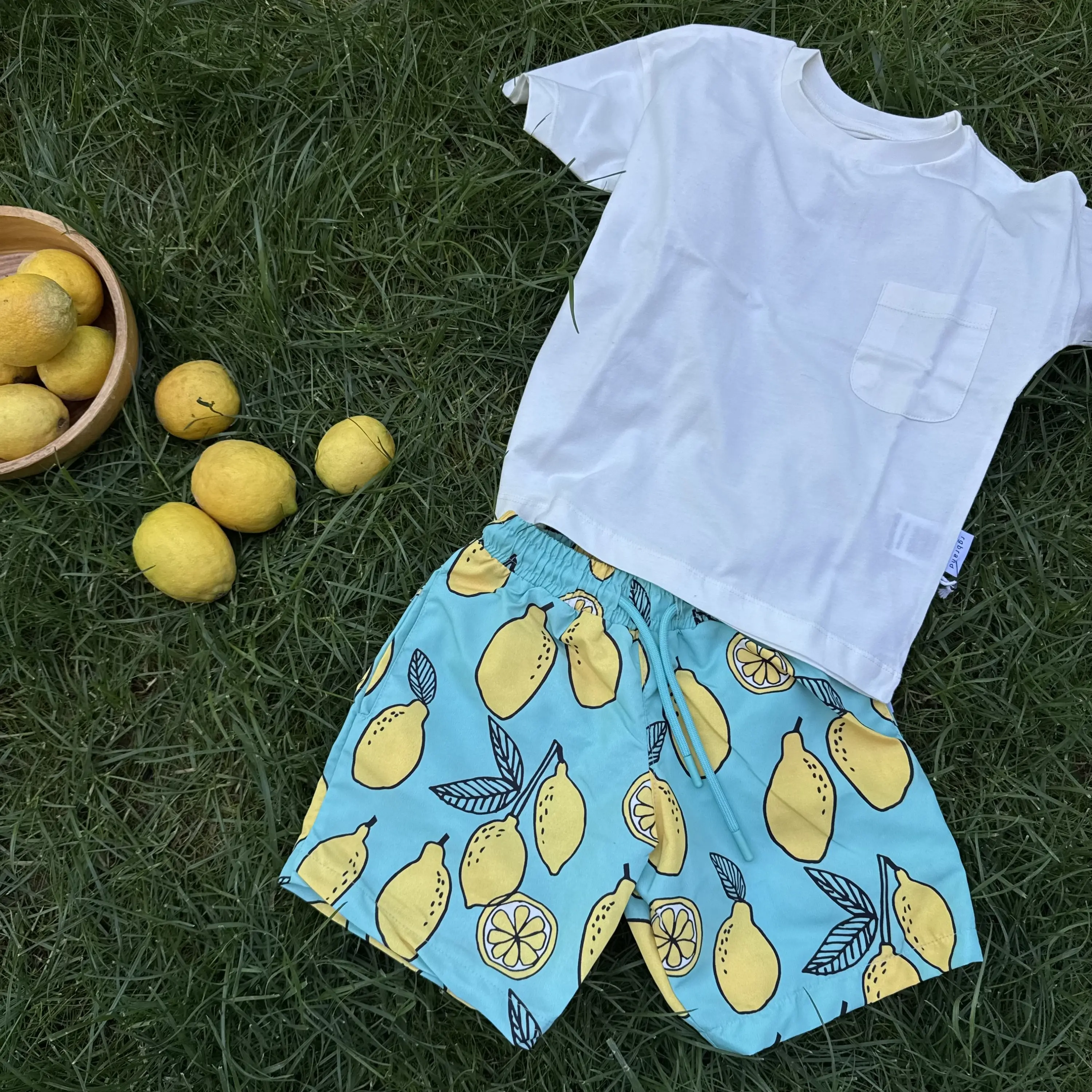 9-15 Yaş Limon Baskılı Deniz Şortlu Tişört Takım