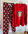 11-15 Yaş Kırmızı Kalpli Pijama Takımı