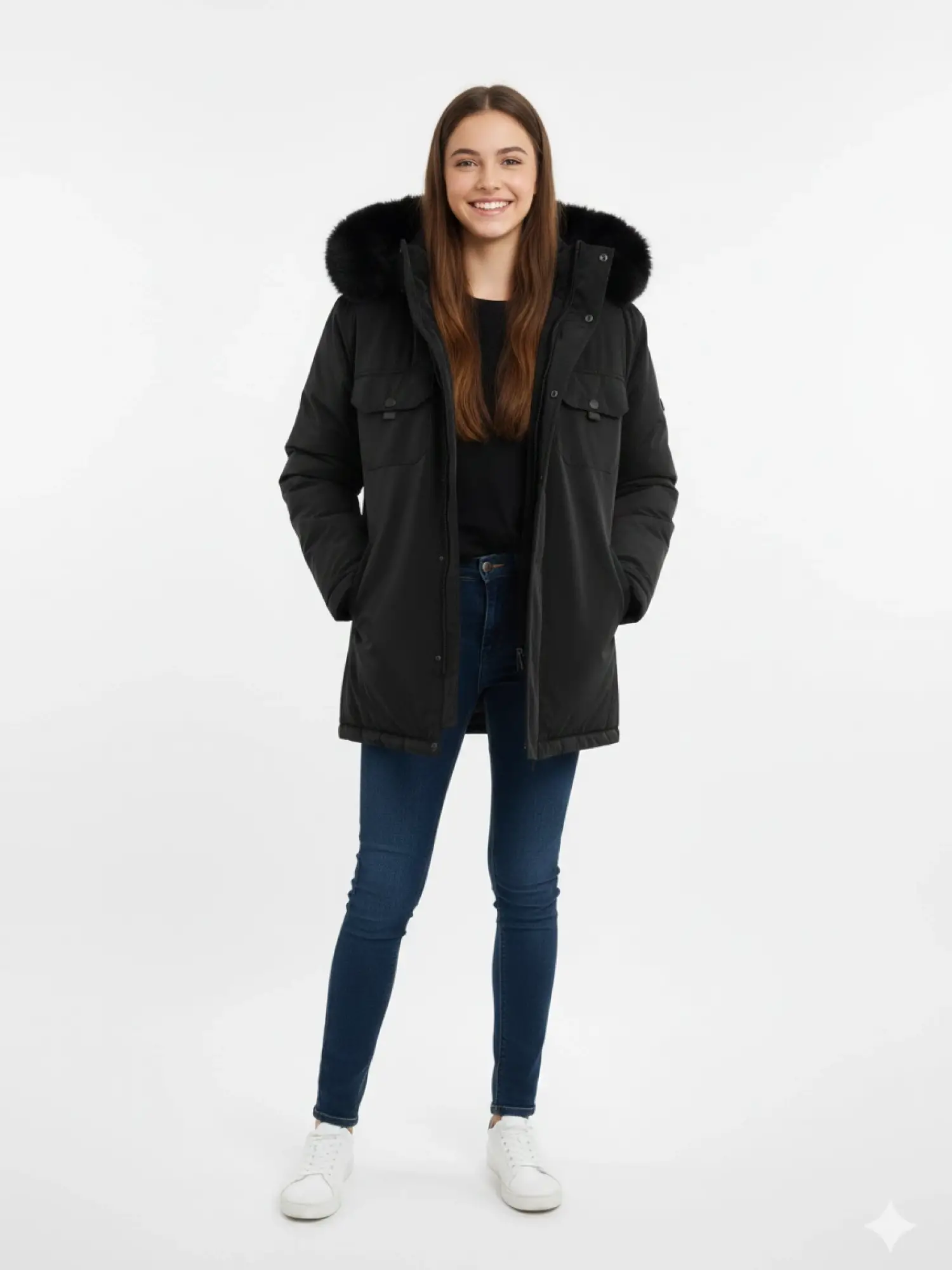 12-15 Yaş Kürklü Siyah Şişme Mont