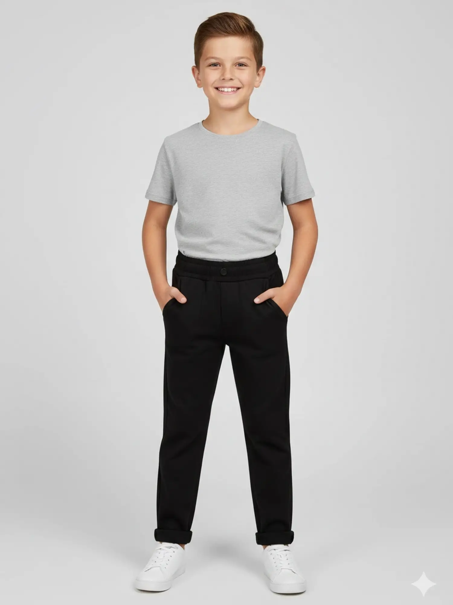 5-14 Yaş Siyah Düğmeli Bel Lastikli Pantolon