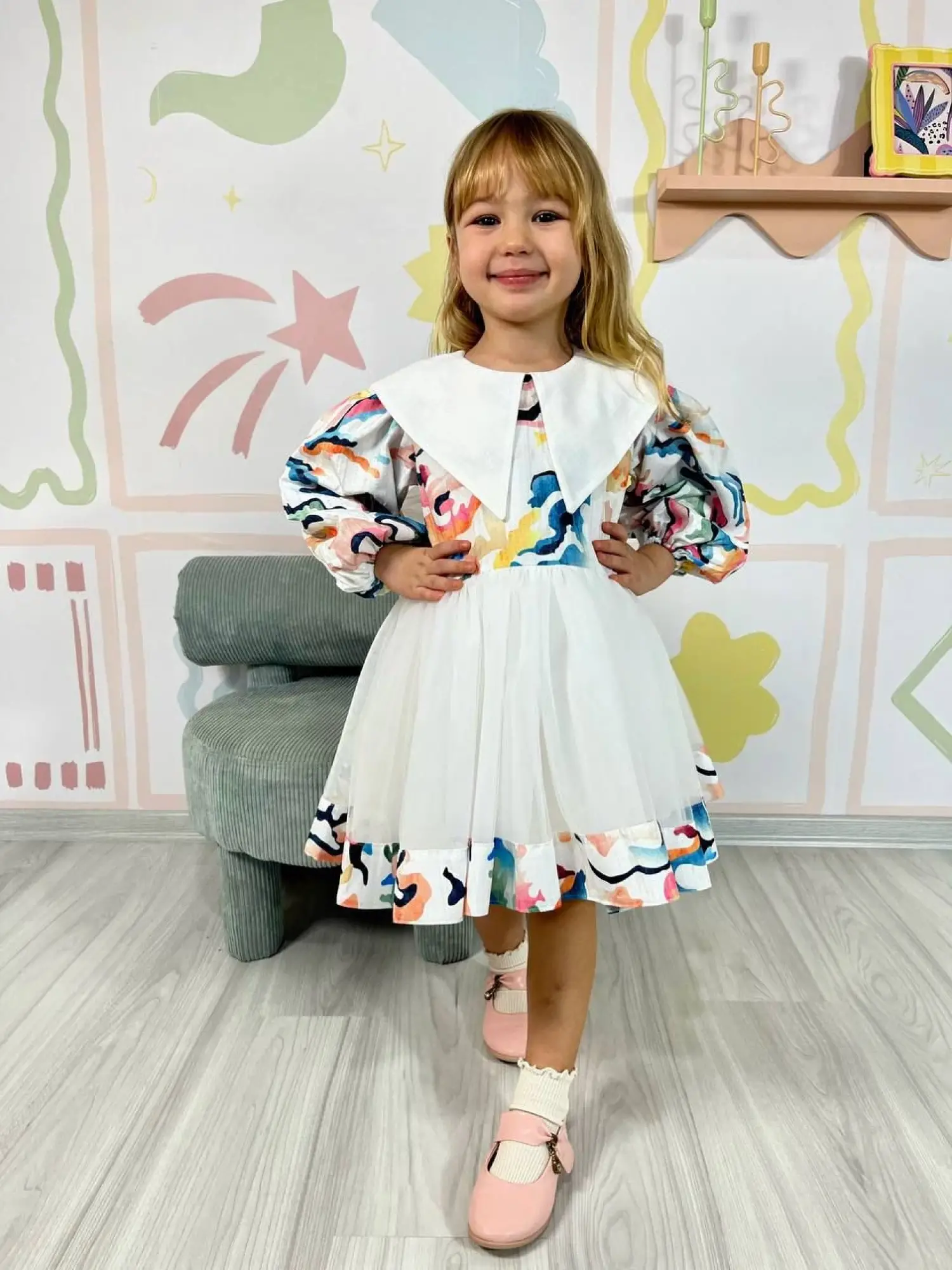 3-7 Yaş Desenli Tüllü Elbise