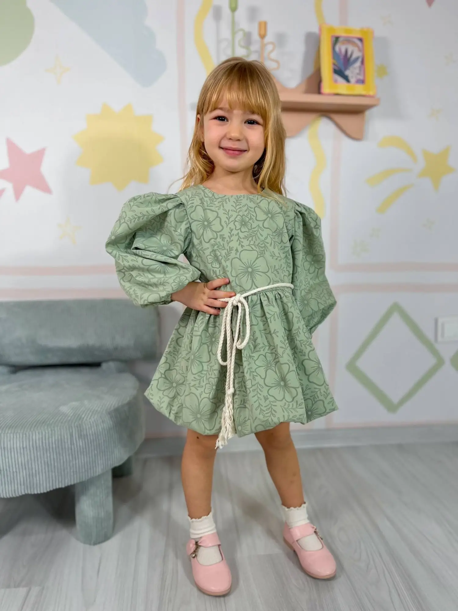 2-8 Yaş Yeşil Desenli Elbise