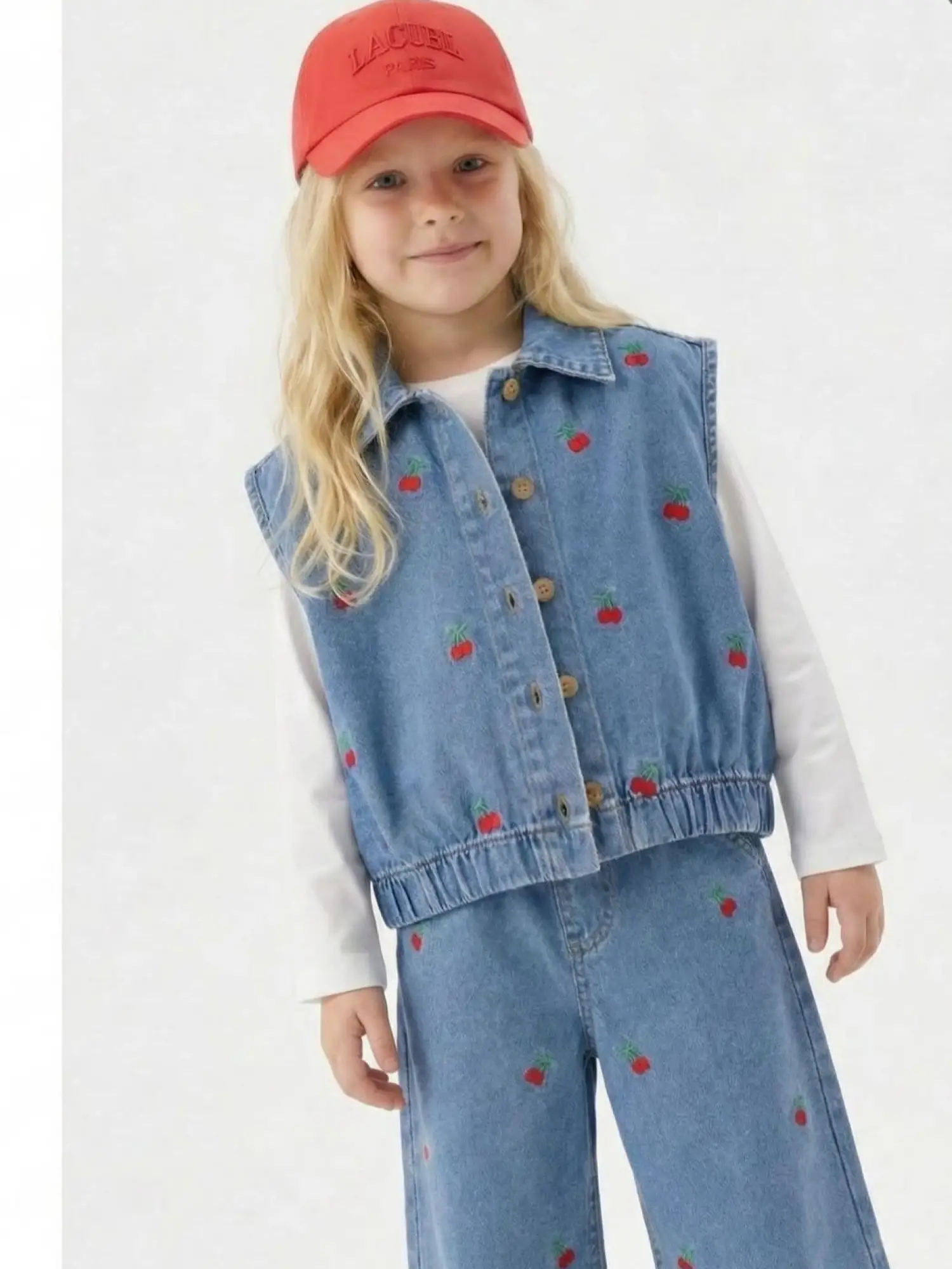 2-7 Yaş Kirazlı Kot Yelekli Takım