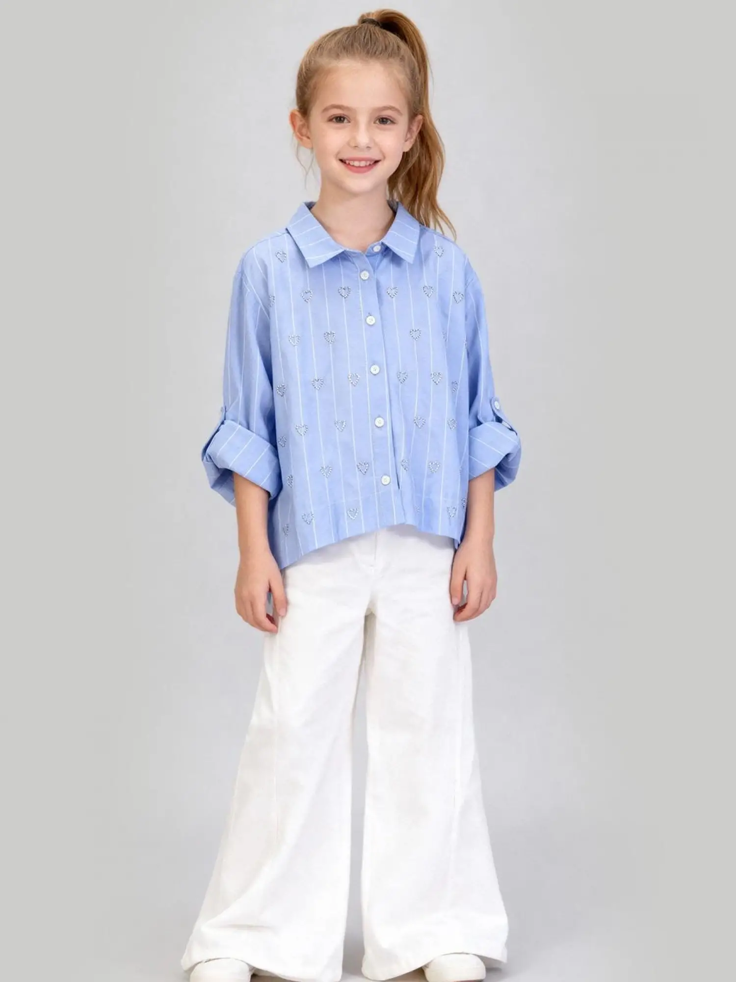 8-11 Yaş Mavi Çizgili Kalp İşlemeli Takım