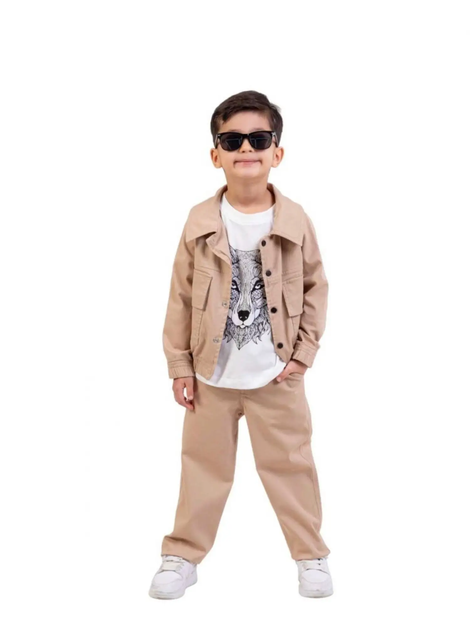 9-13 Yaş Bej Kurt Baskılı 3lü Takım