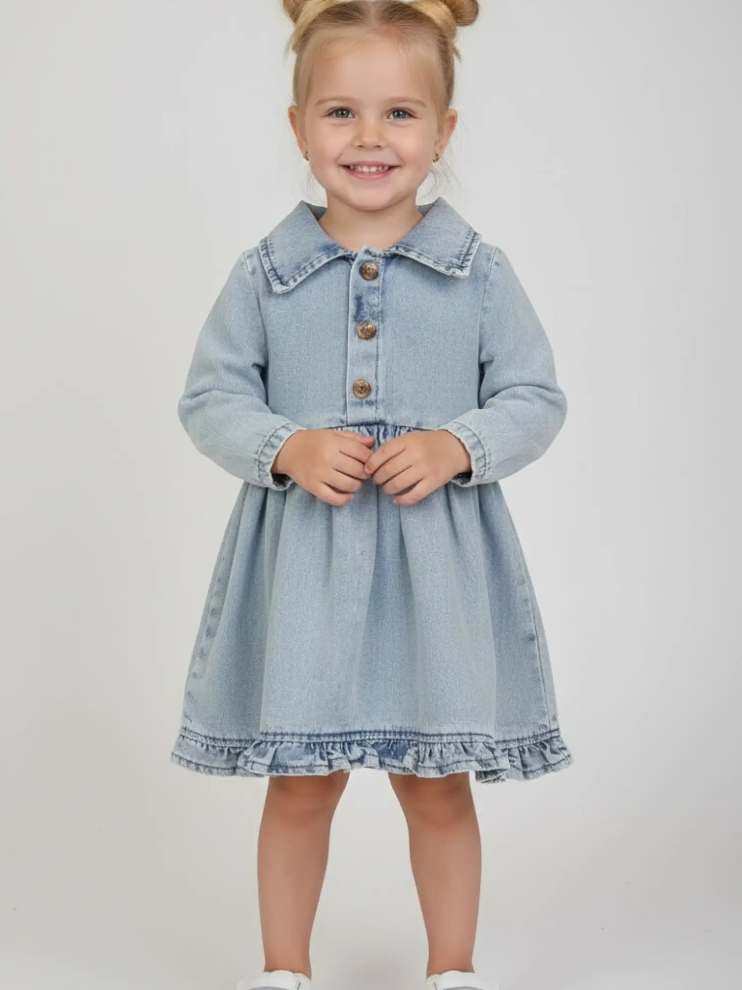 2-7 Yaş Yakalı Fırfırlı Kot Elbise