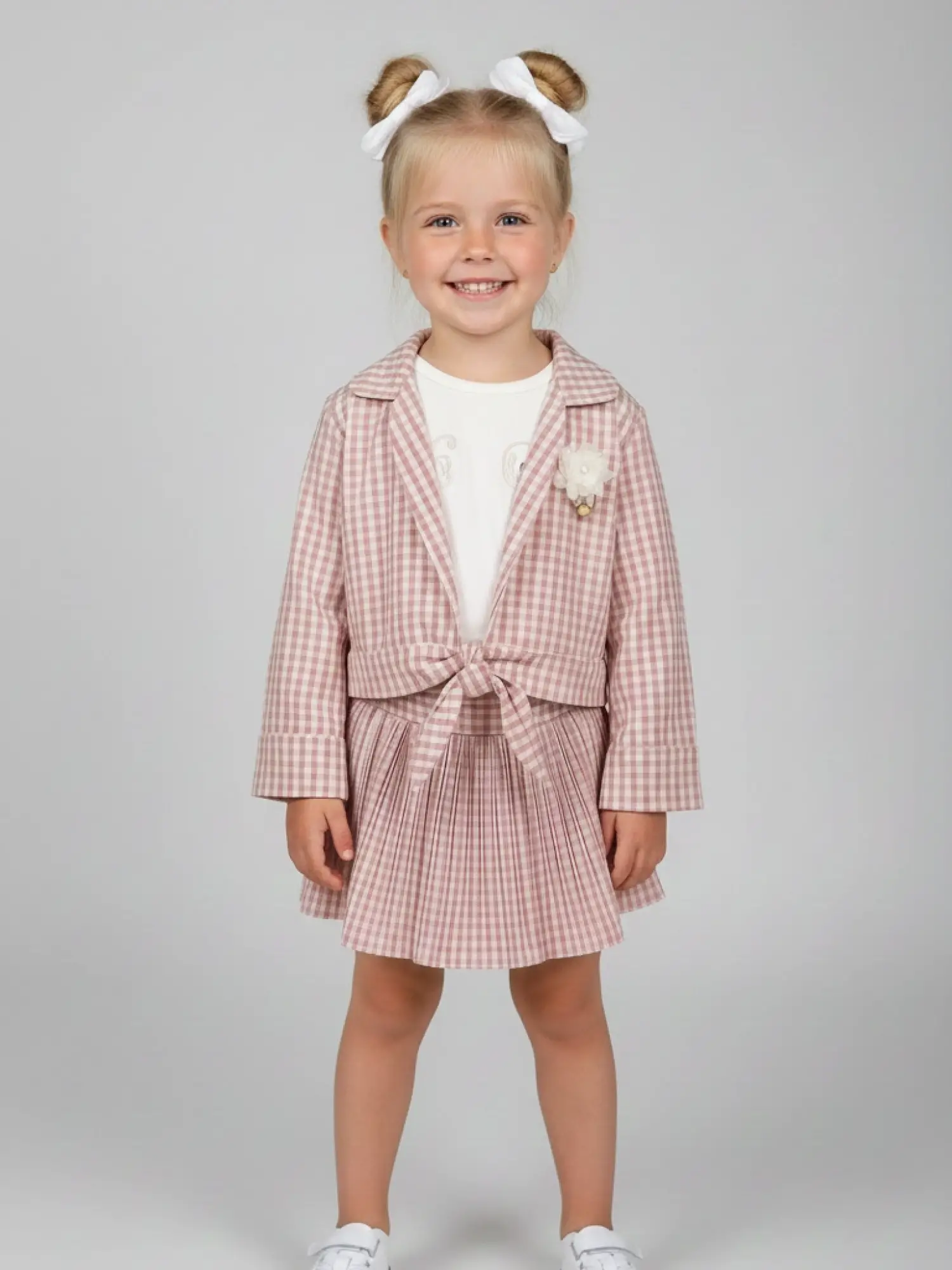 6-9 Yaş Pembe Ekoseli Etekli 3lü Takım