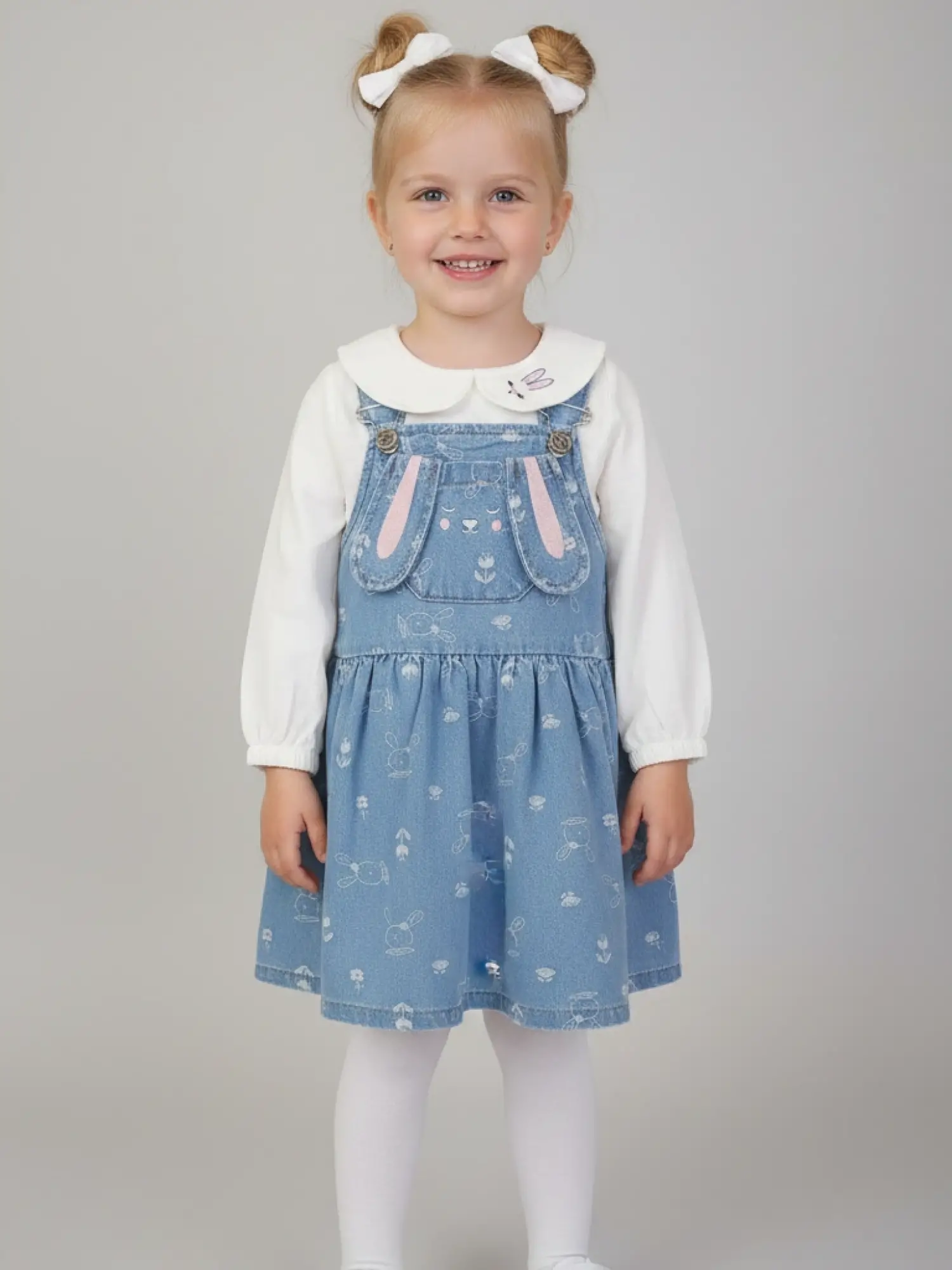 2-6 Yaş Tavşanlı Gömlekli Kot Elbise