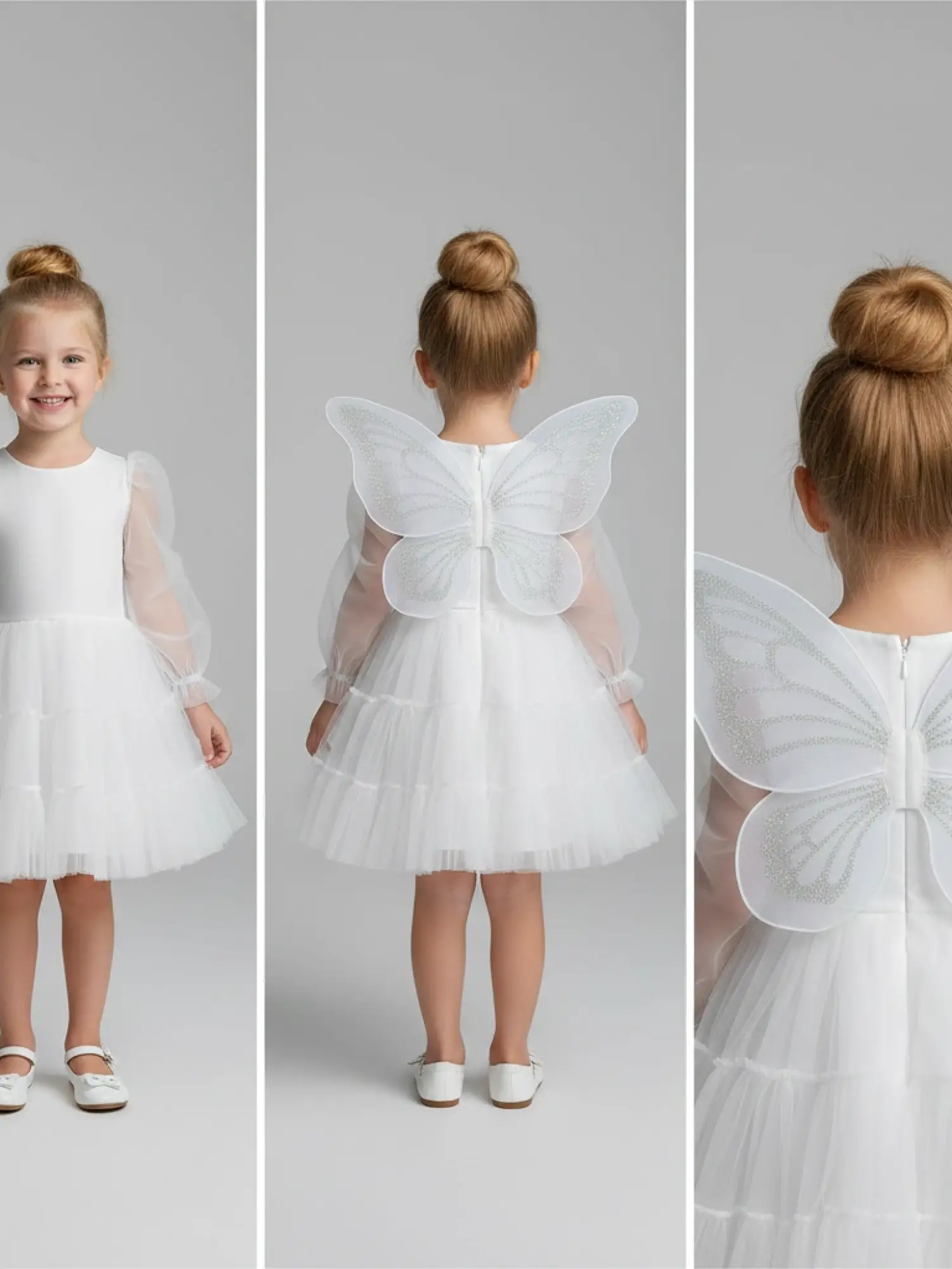 2-5 Yaş Beyaz Tüllü Sırt Kelebek Desenli Elbise