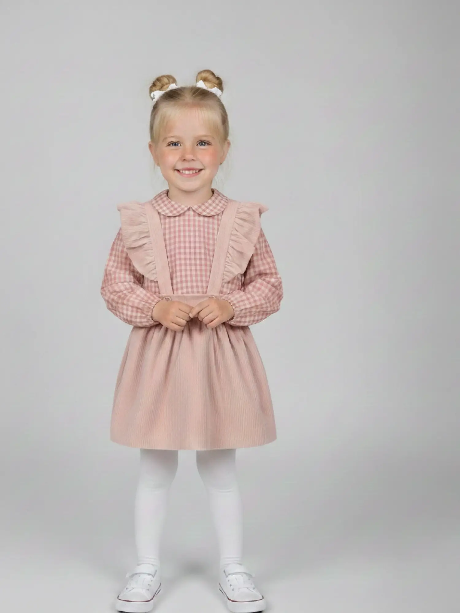 2-5 Yaş Pembe Kareli Gömlekli Salopet Elbise