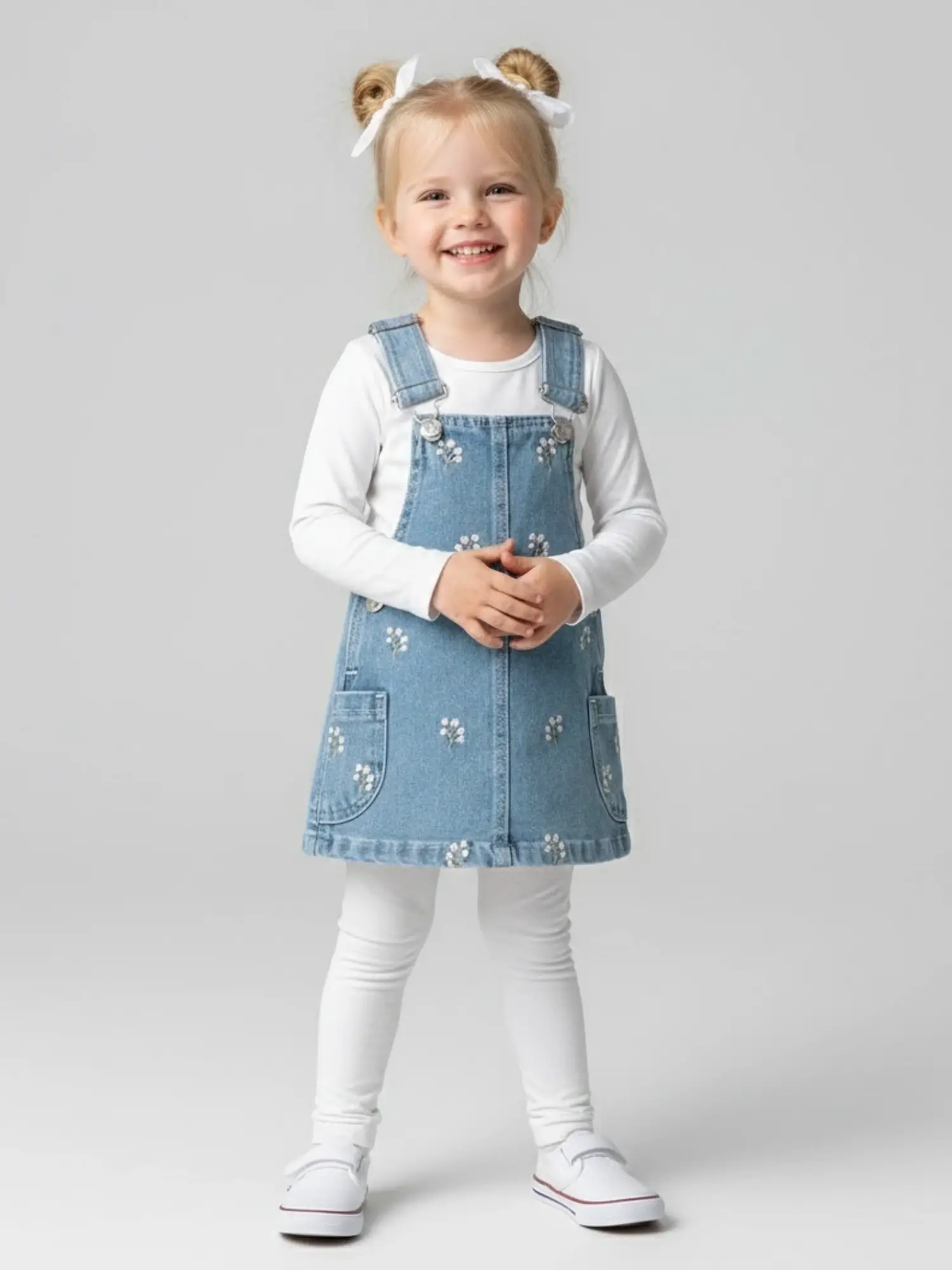 1-4 Yaş Çiçekli Kot Salopet Elbise