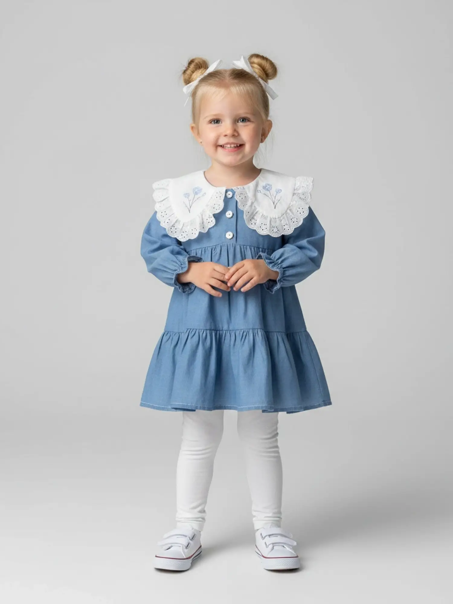 1-5 Yaş Yaka Çiçek Nakışlı Katlı Kot Elbise