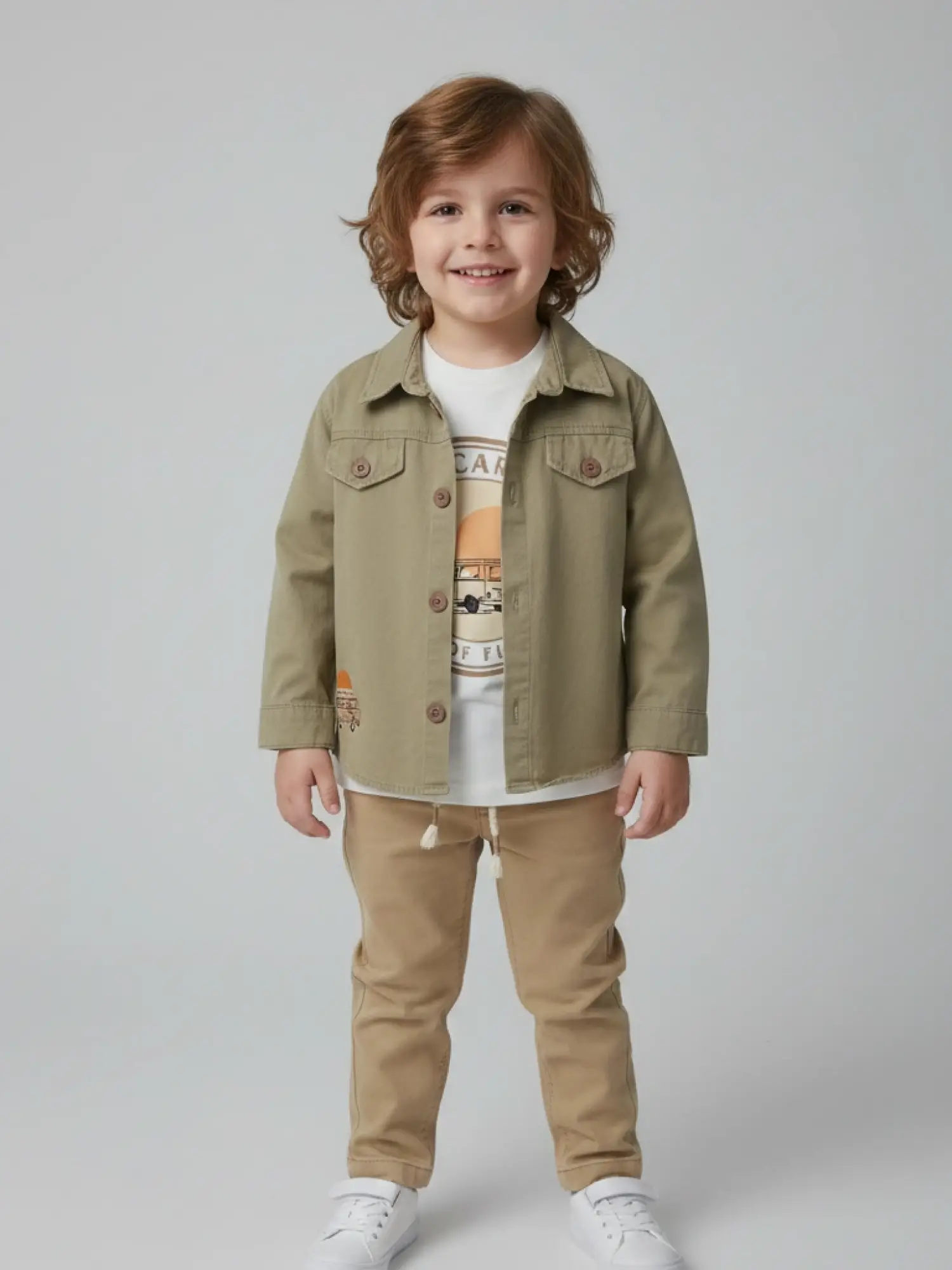 2-6 Yaş Araba Baskılı Haki Ceketli 3lü Takım