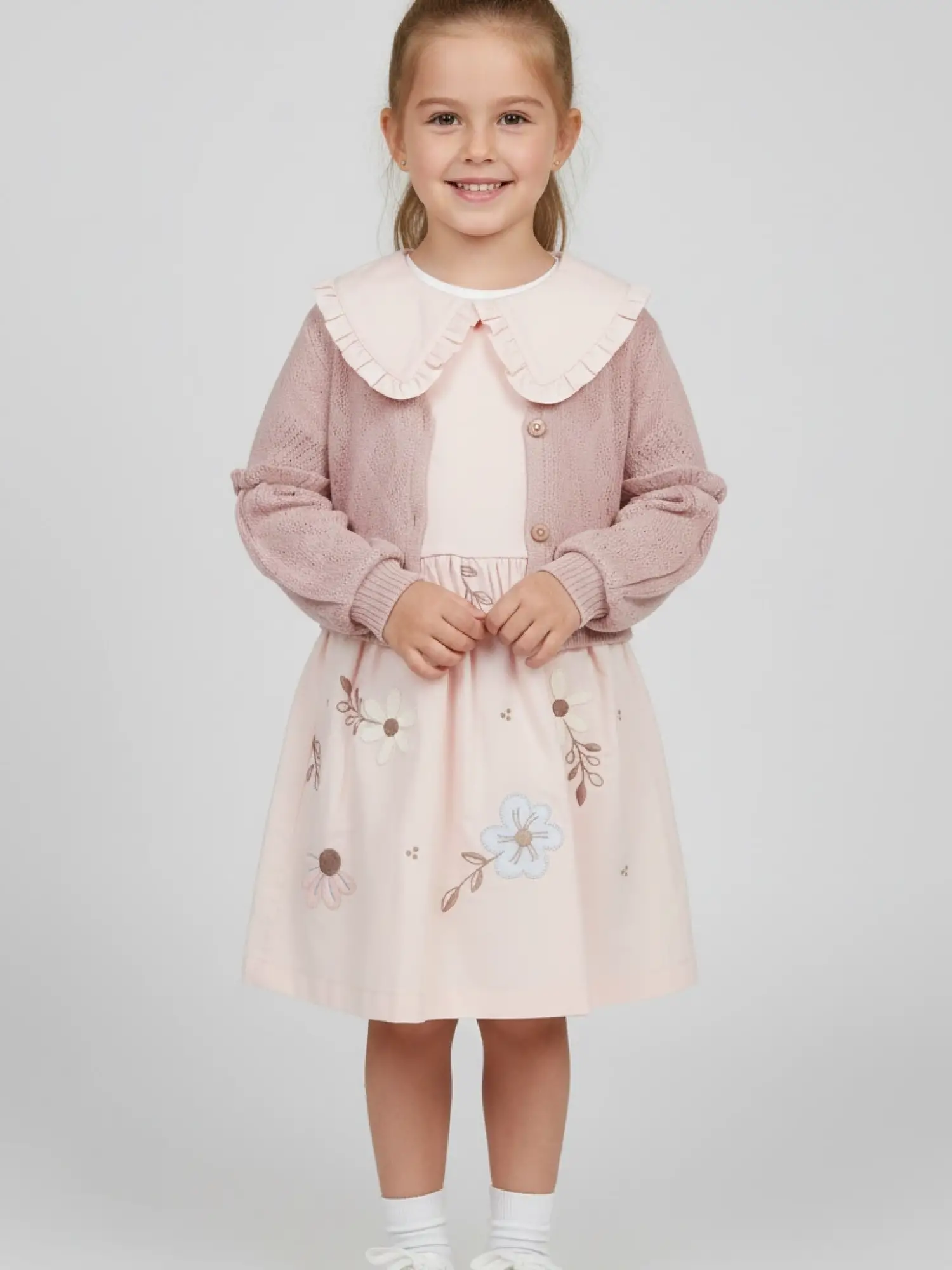 4-7 Yaş Pembe Çiçekli Hırkalı Elbise
