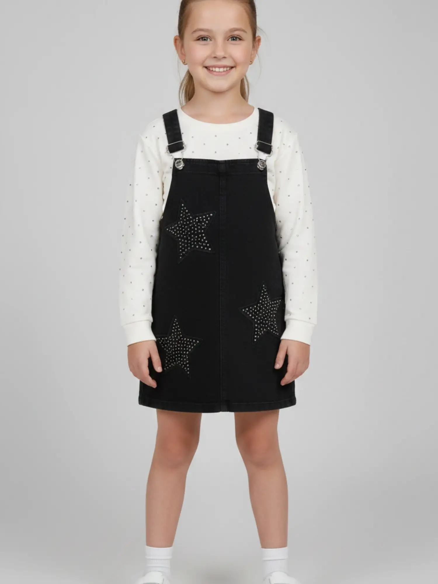 7-10 Yaş Badili Siyah Yıldızlı Taşlı Salopet Elbise