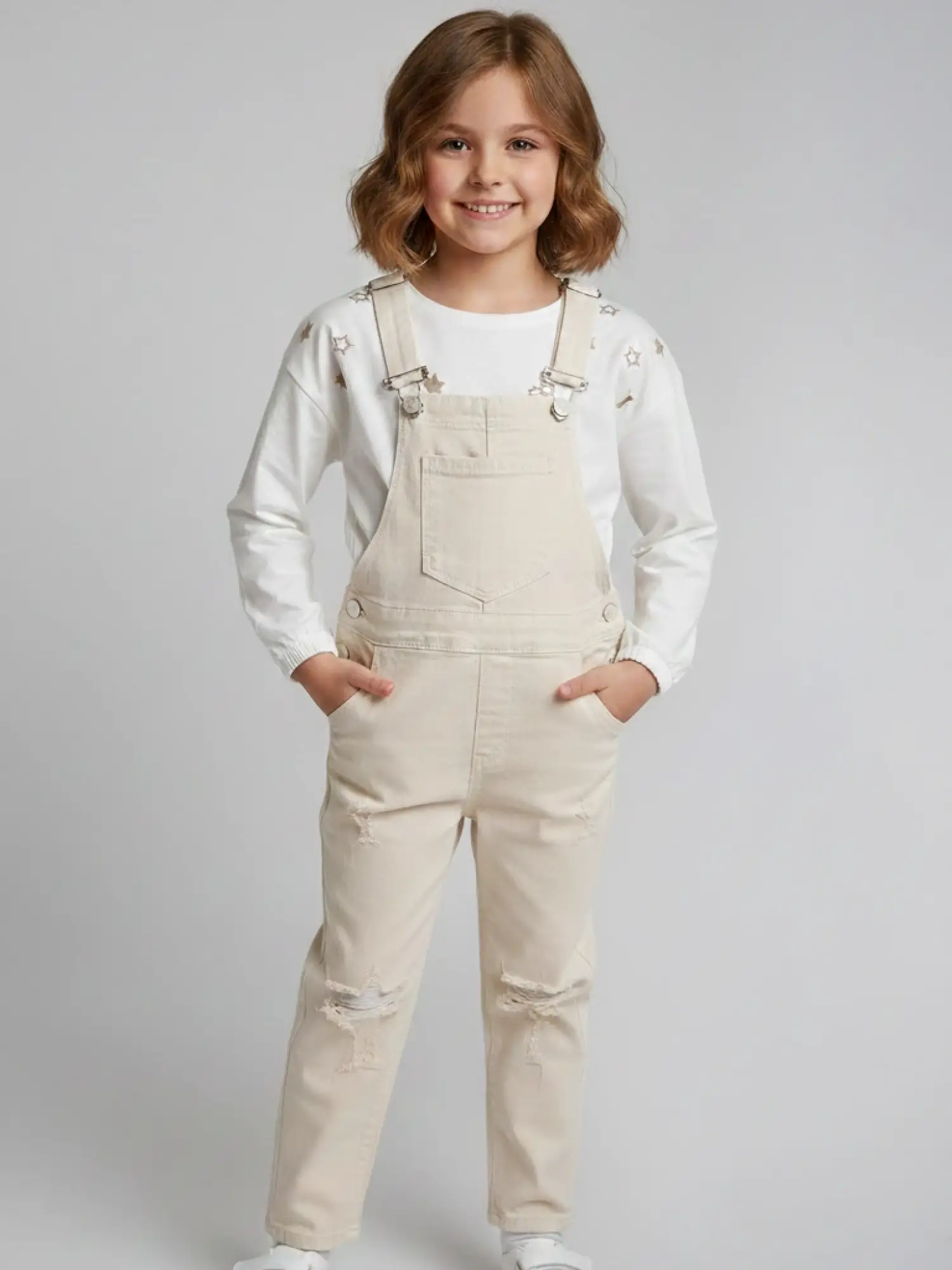 6-9 Yaş Krem Yıldızlı Badili Kot Tulum